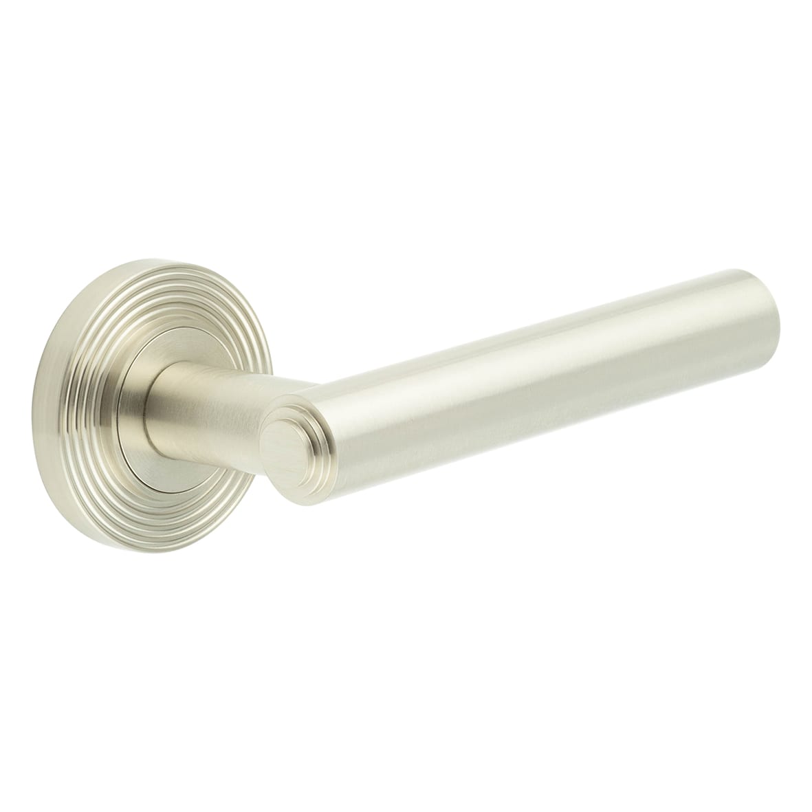 Satin Nickel Fire Rated Door Handles on Round Reeded Rose - Richmond Range