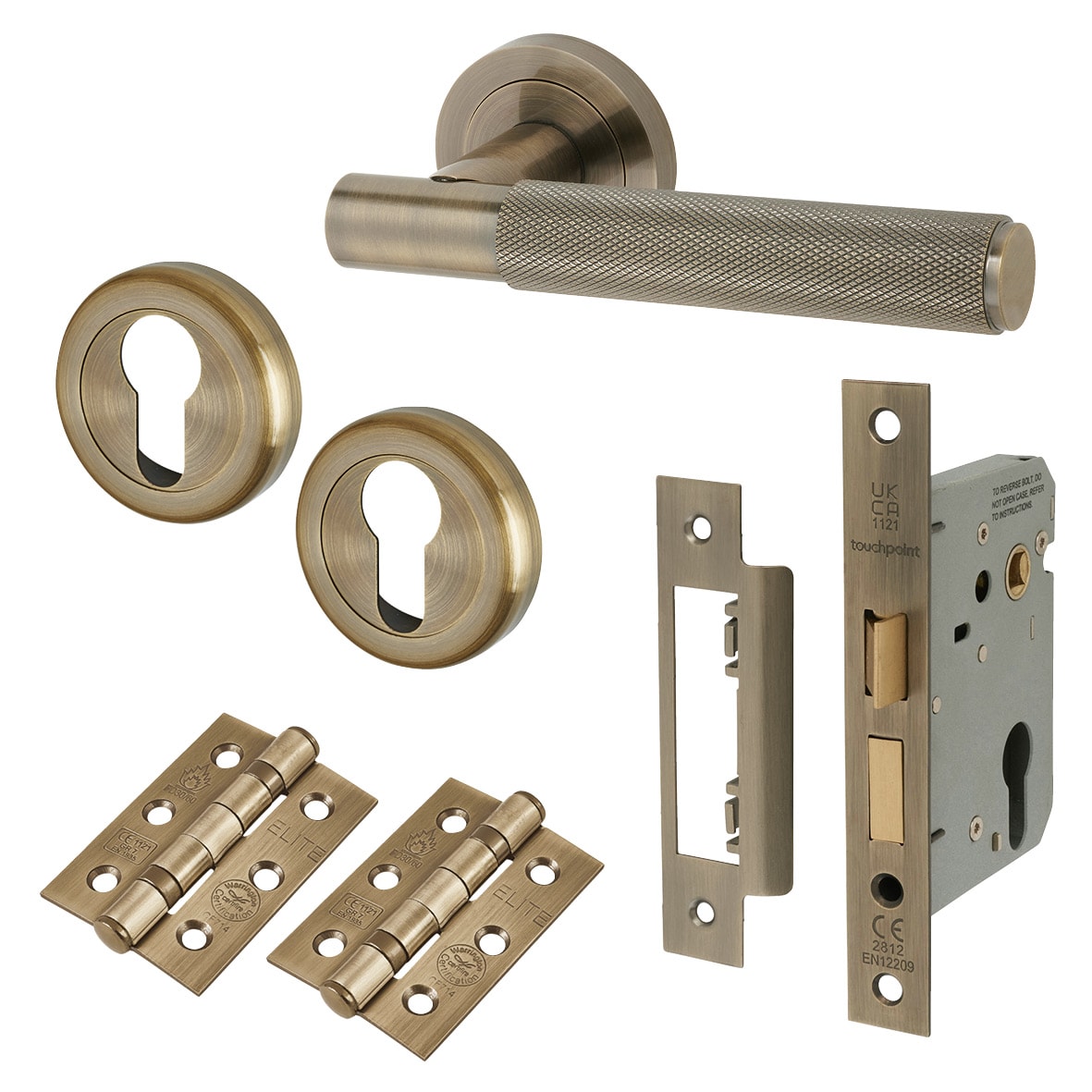 Antique Brass Knurled Euro Lock Door Handles on Rose Pack - Remi Range