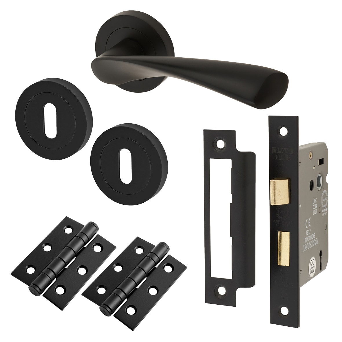 Matt Black 3 Lever Sashlock Door Handles on Rose Pack - Ariel Range