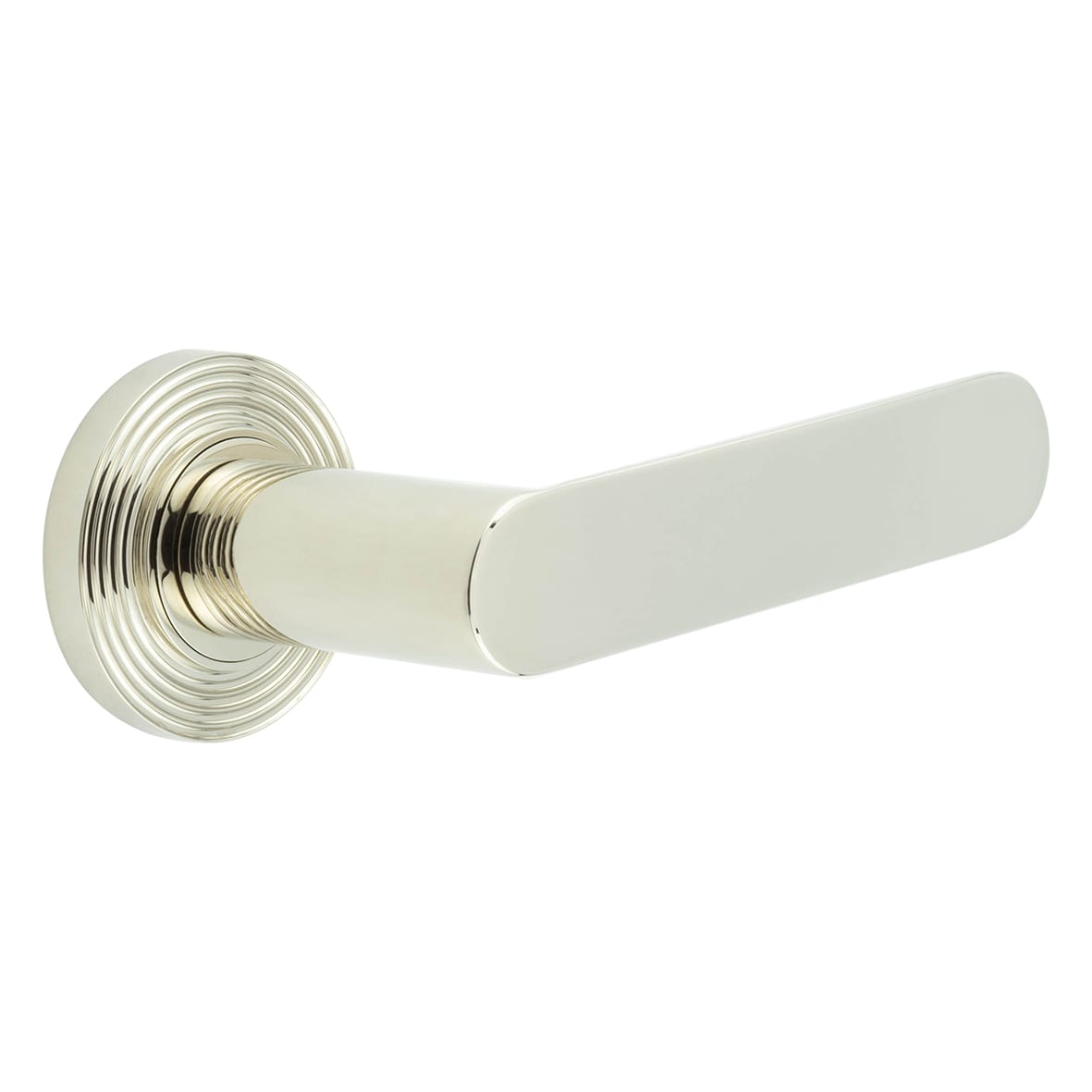 Polished Nickel Fire Rated Door Handles on Round Reeded Rose - Kensington Range