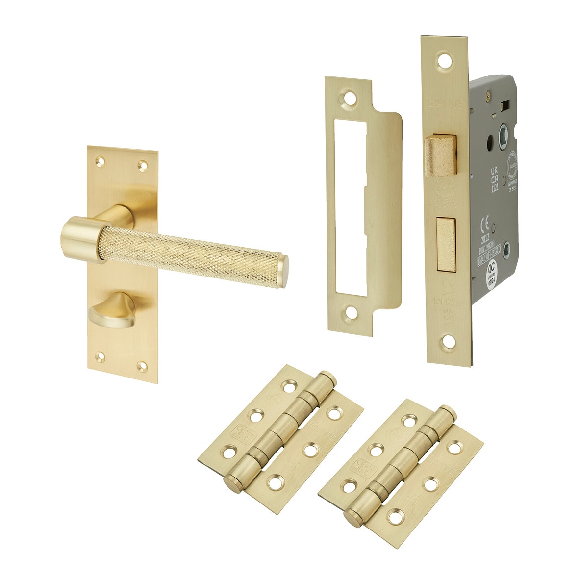 Satin Brass Knurled Bathroom Lock Door Handles Pack - Loxley Range