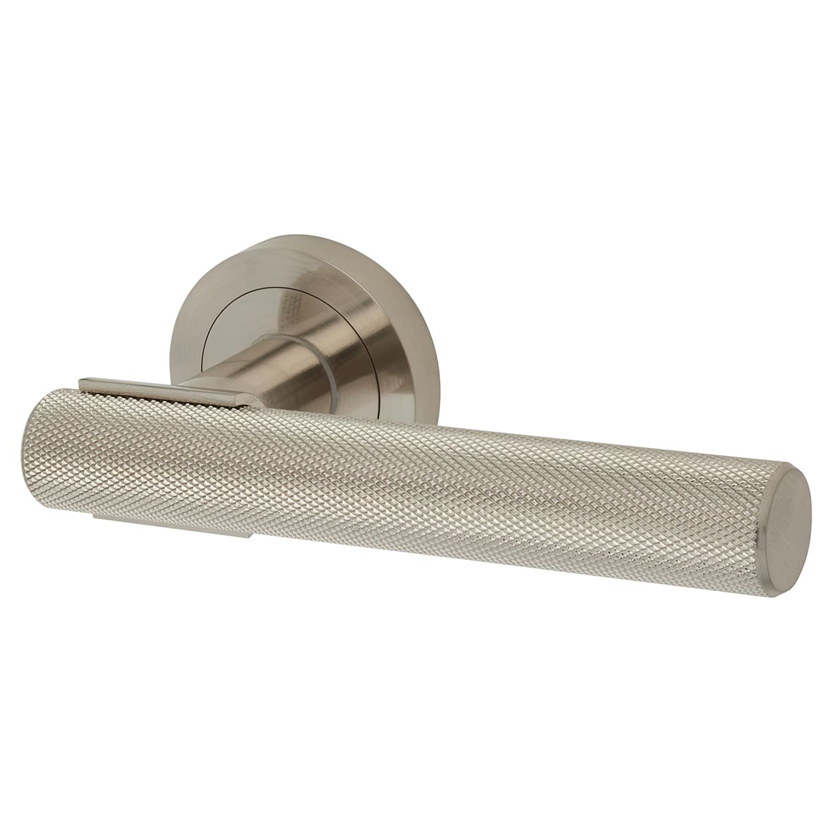 Satin Nickel Knurled Door Handles on Round Rose - Orla Range