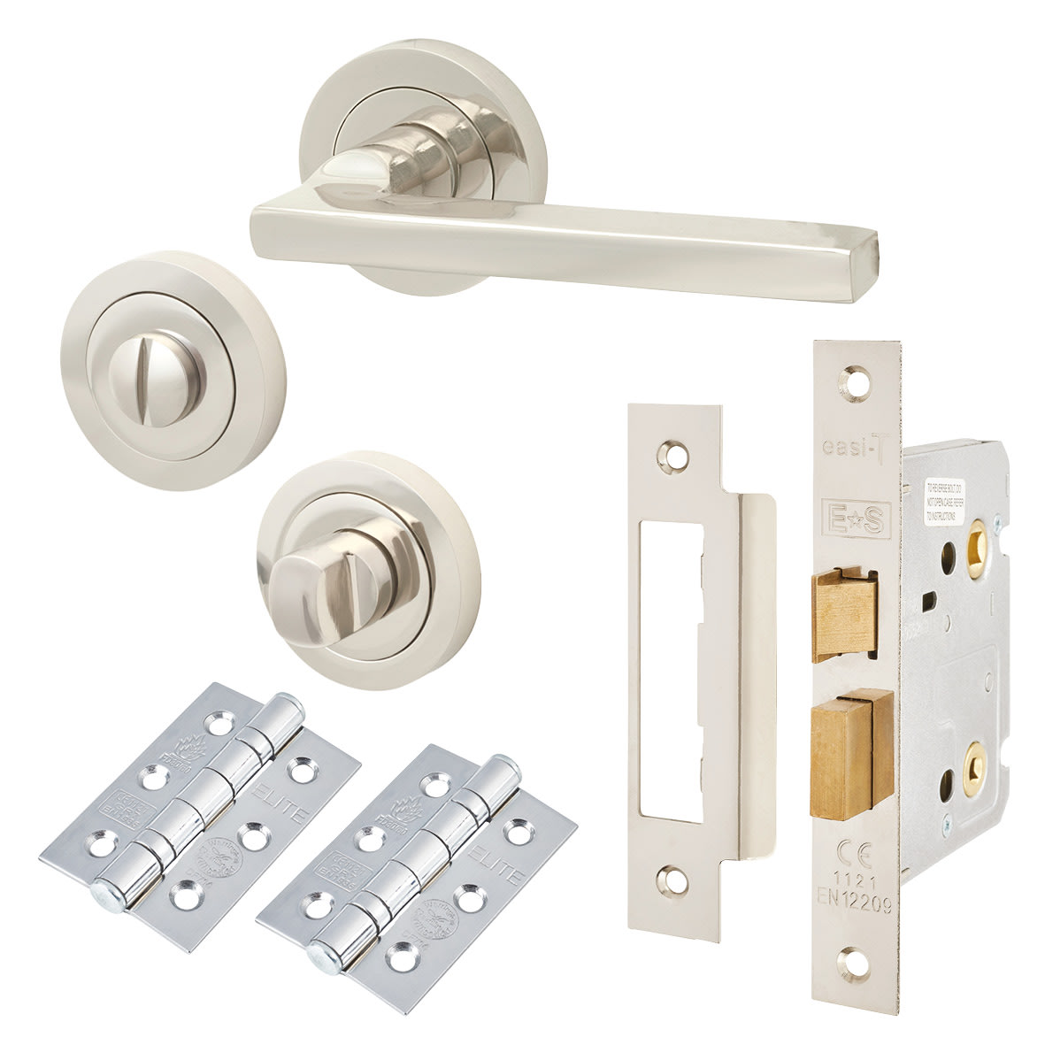 Polished Nickel Bathroom Lock Door Handles on Rose Pack - Lexi Range