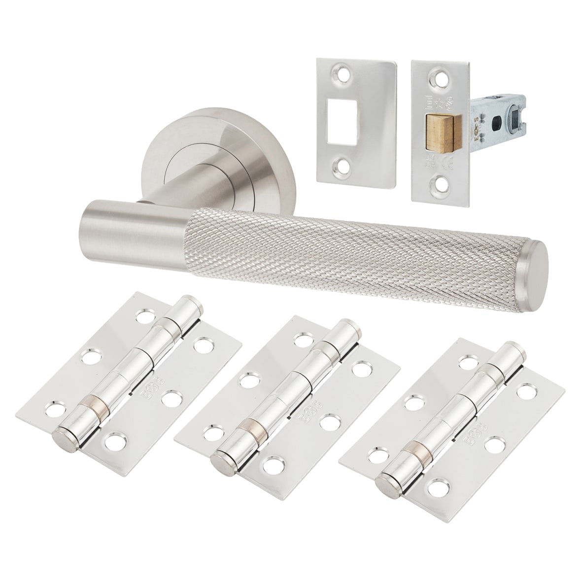 Brass Satin Nickel Knurled Latch Door Handles on Rose Ultimate Pack - Lagos Range