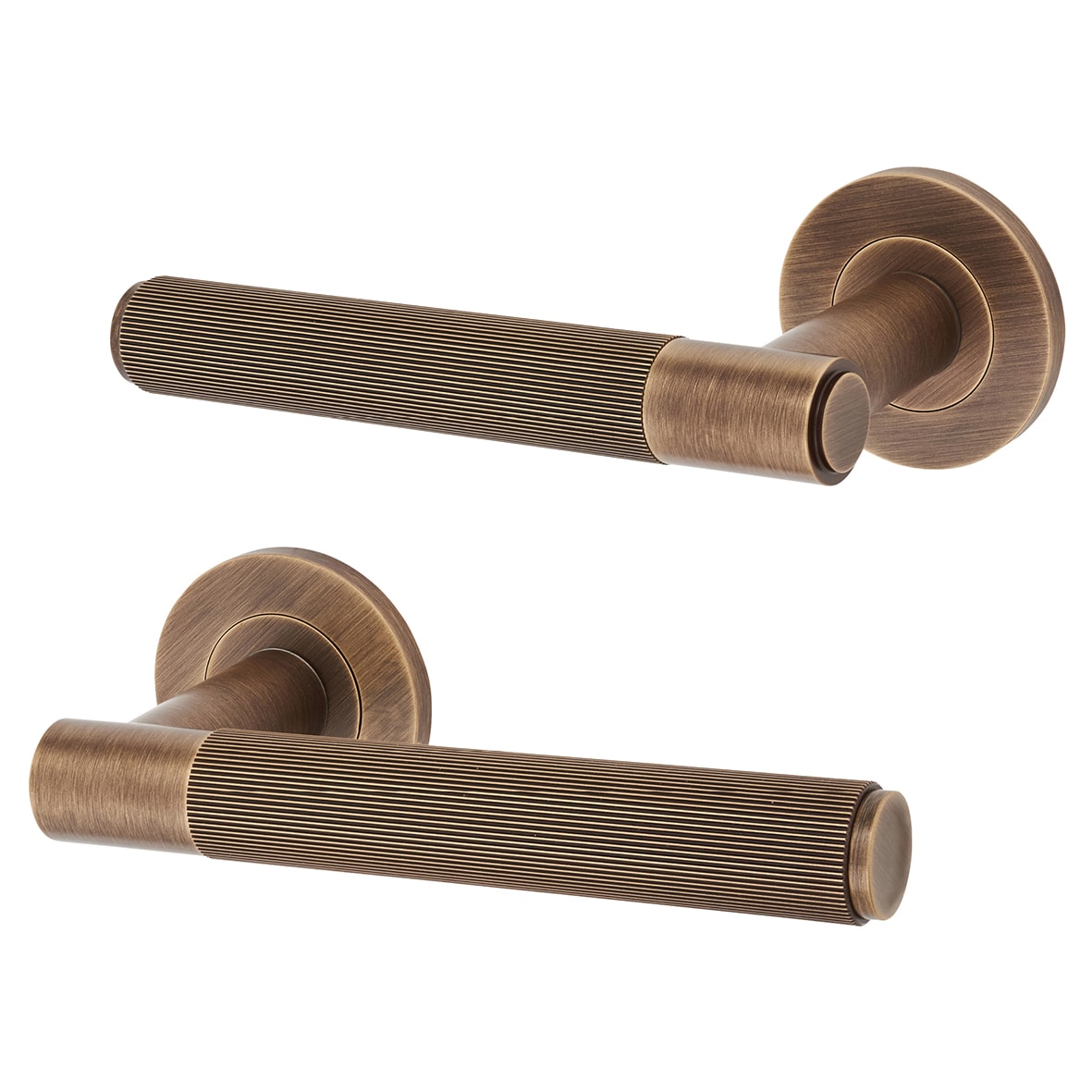 Antique Brass Reeded Door Handles on Round Rose - Spitfire Range