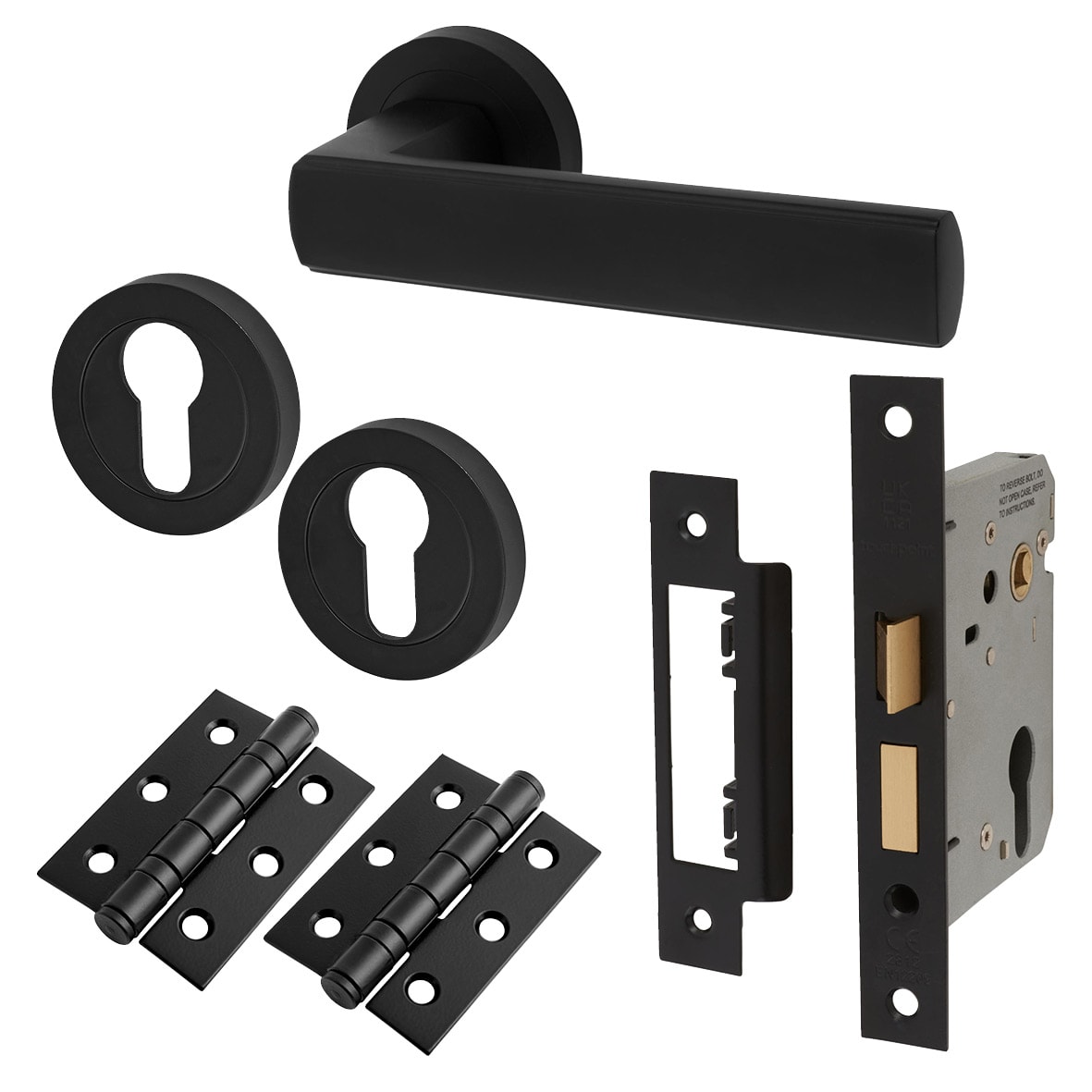 Matt Black Euro Lock Door Handles on Rose Pack - Zara Range