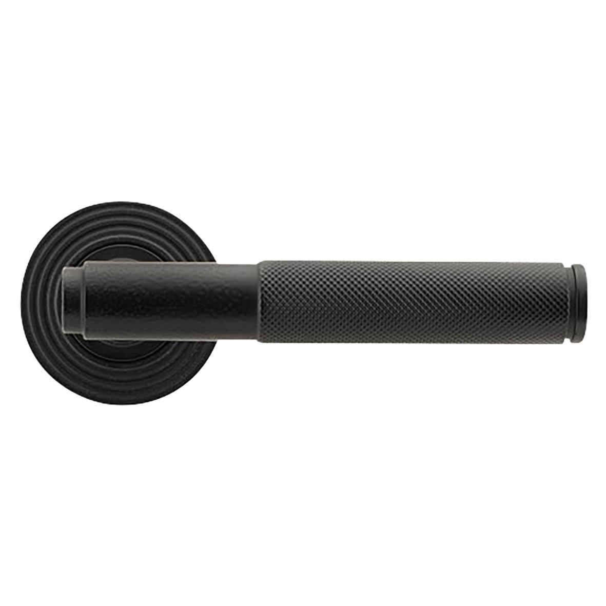 Matt Black Knurled Door Handles on Round Beehive Rose - Brompton Range
