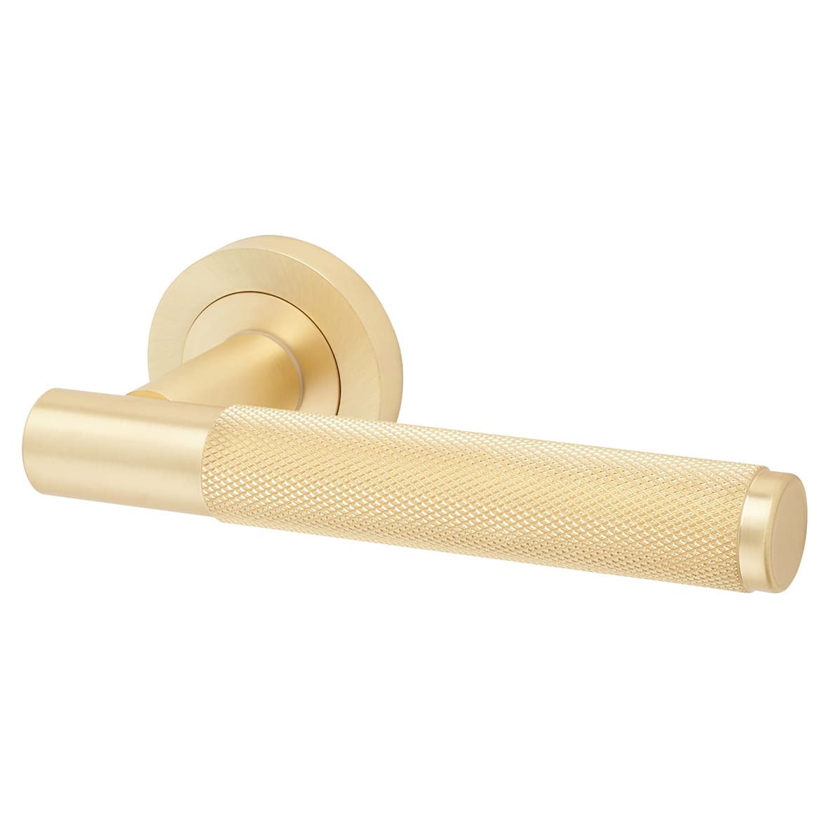 Satin Brass Fire Rated Knurled Door Handles on Round Rose - Bari Range