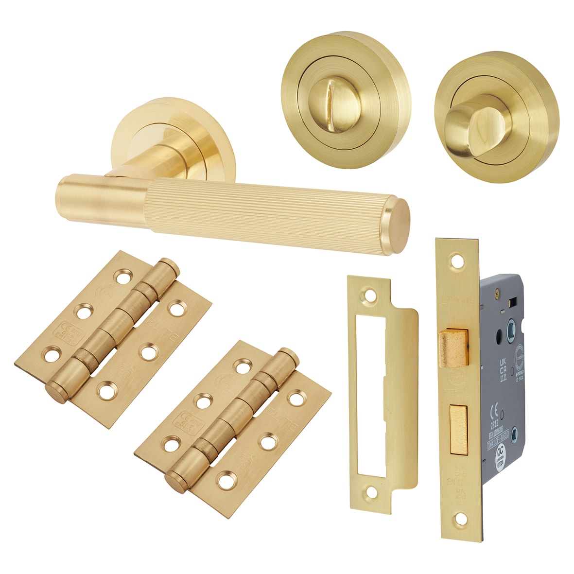 Satin Brass Lines Bathroom Lock Door Handles Pack - Nova Range