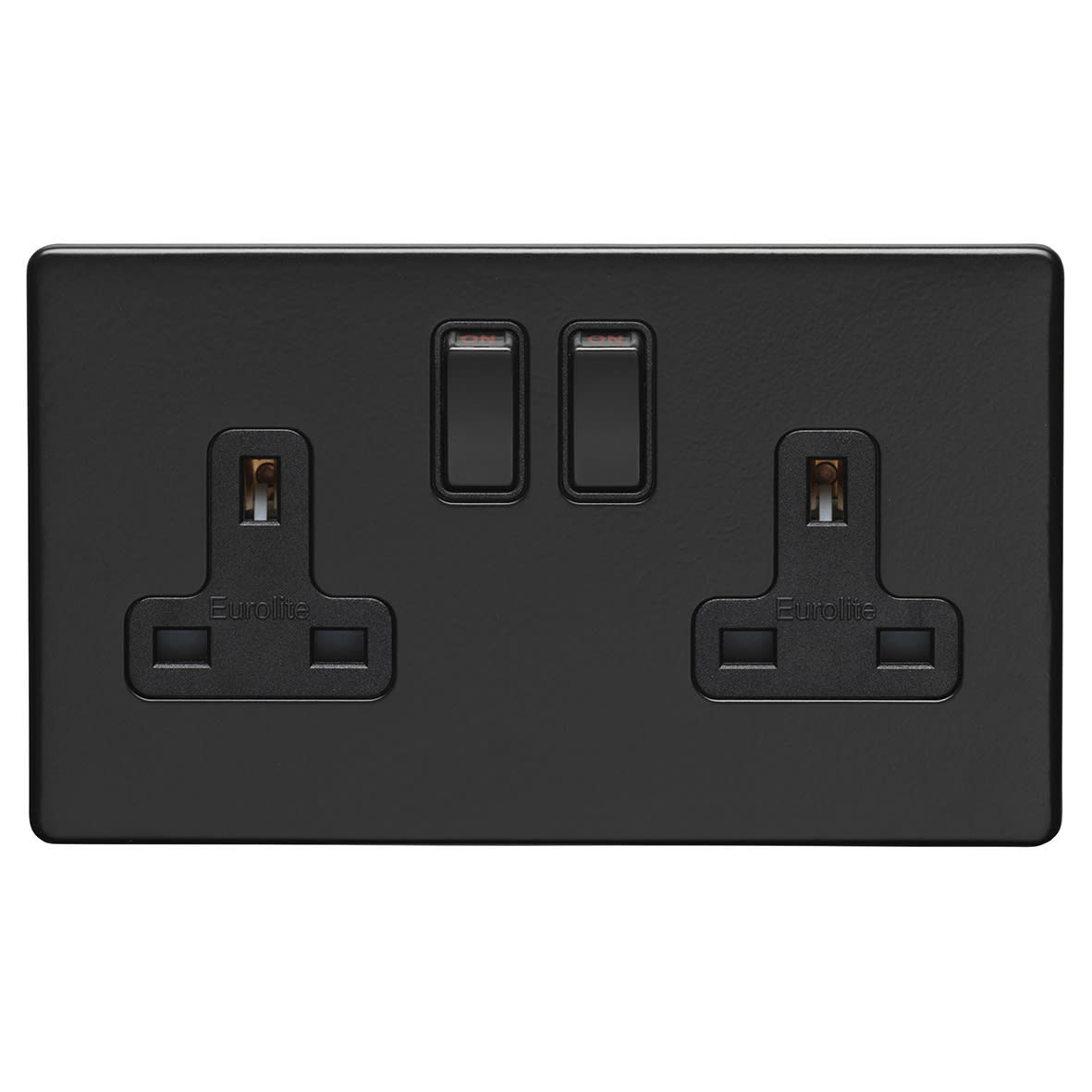 Concealed 13A 2 Gang Screwless Flat Plate DP Switched Socket - Matt Black/Black