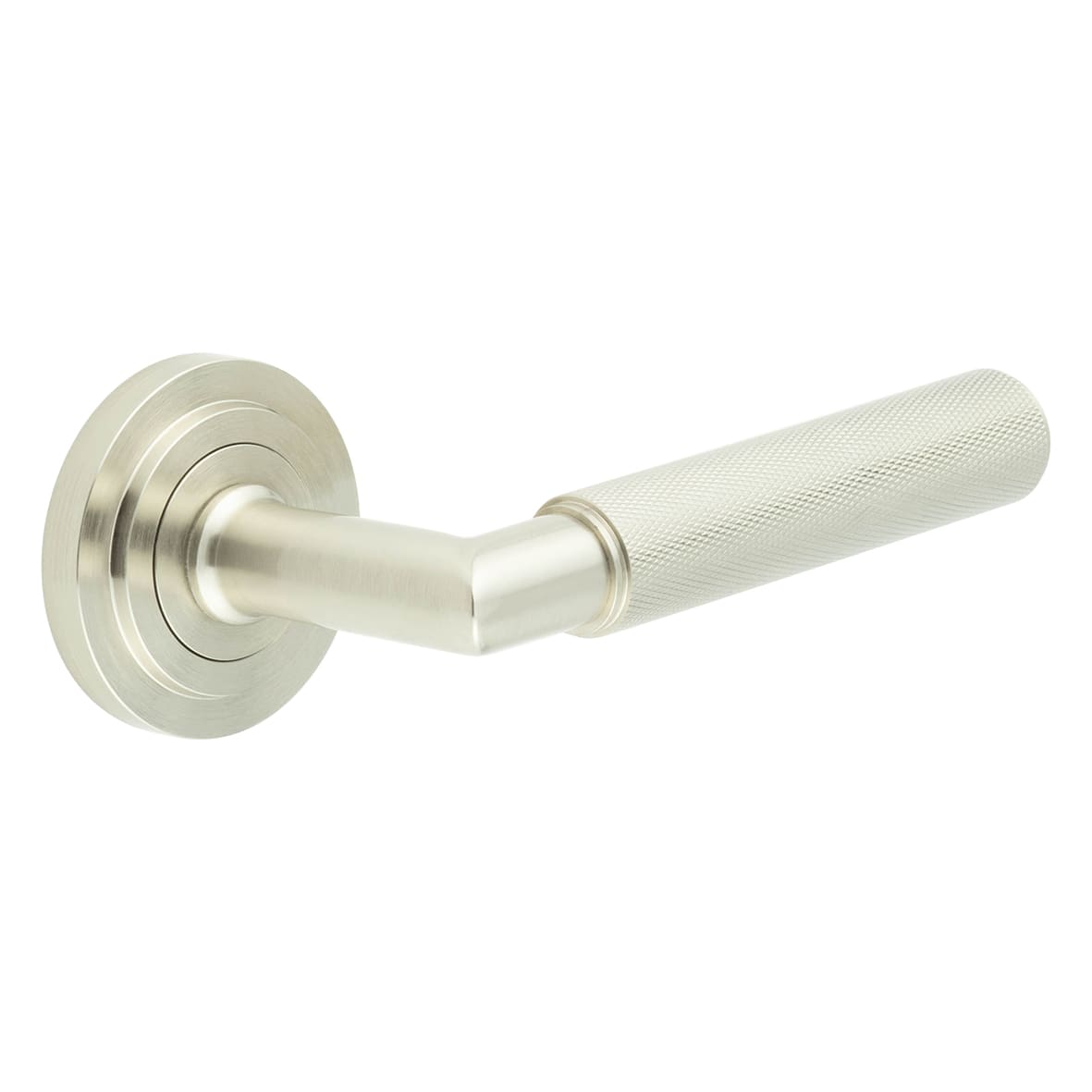 Satin Nickel Knurled Fire Rated Door Handles on Round Stepped Rose - Piccadilly Range