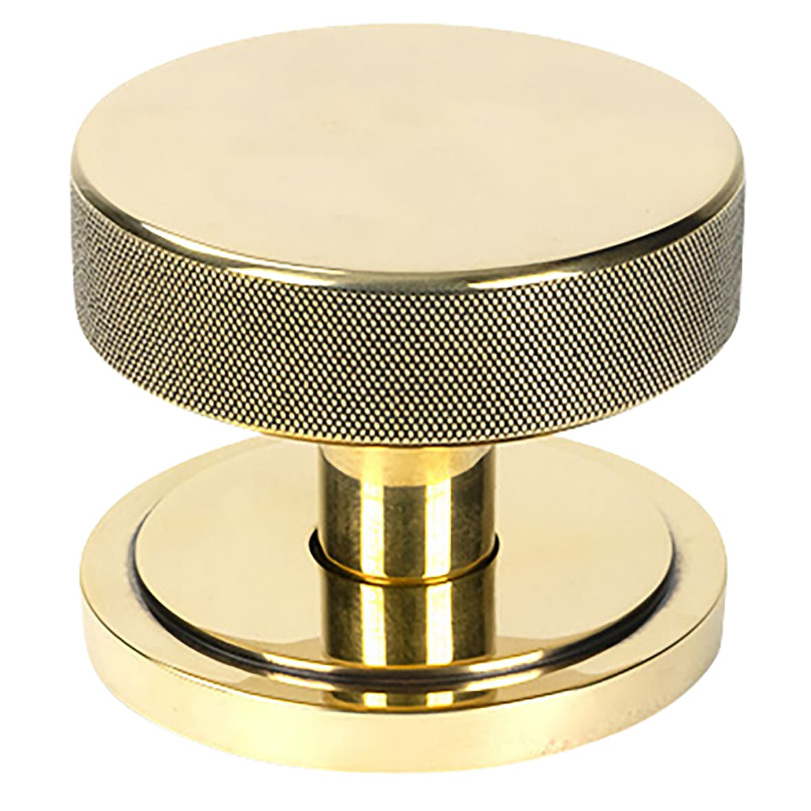 Brompton Aged Brass Round Knurled Centre Door Knob on Art Deco Rose - 90mm Rose Diameter