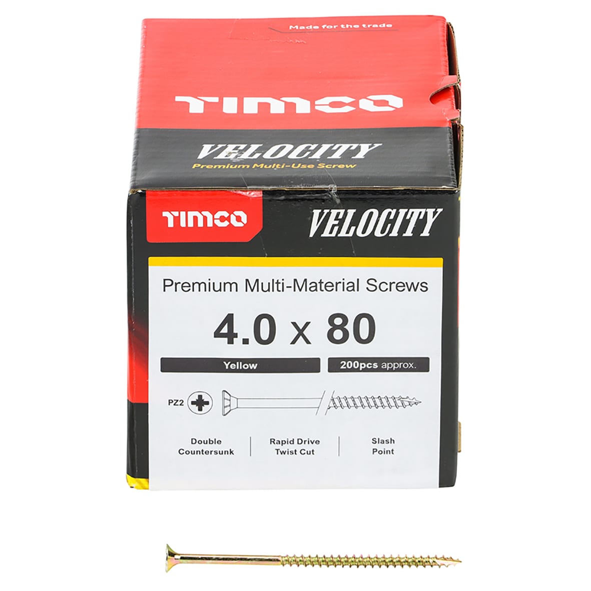 Velocity Pozi Countersunk Wood Screws - 4.0 x 80mm - Yellow Zinc - Pack of 200