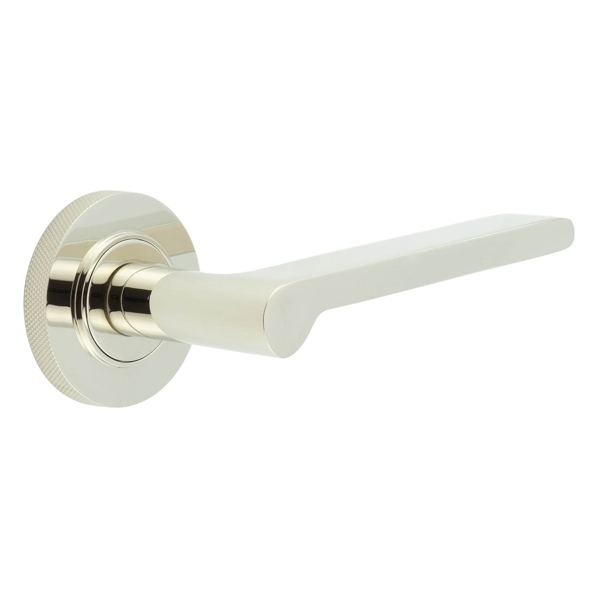 Polished Nickel Fire Rated Door Handles on Round Knurled Rose - Fitzrovia Range