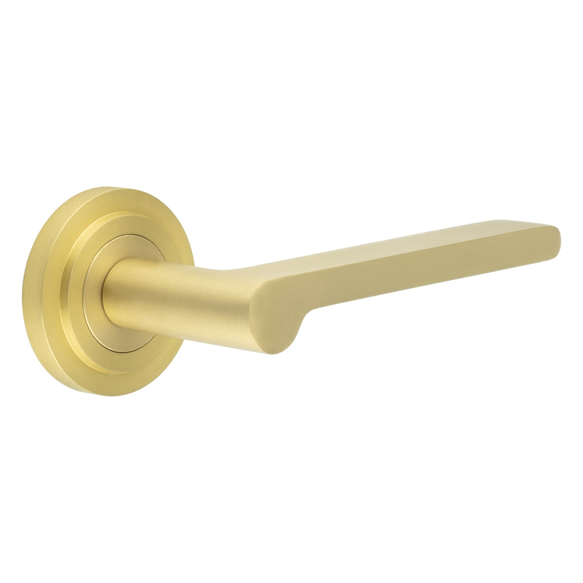 Satin Brass Fire Rated Door Handles on Round Stepped Rose - Fitzrovia Range
