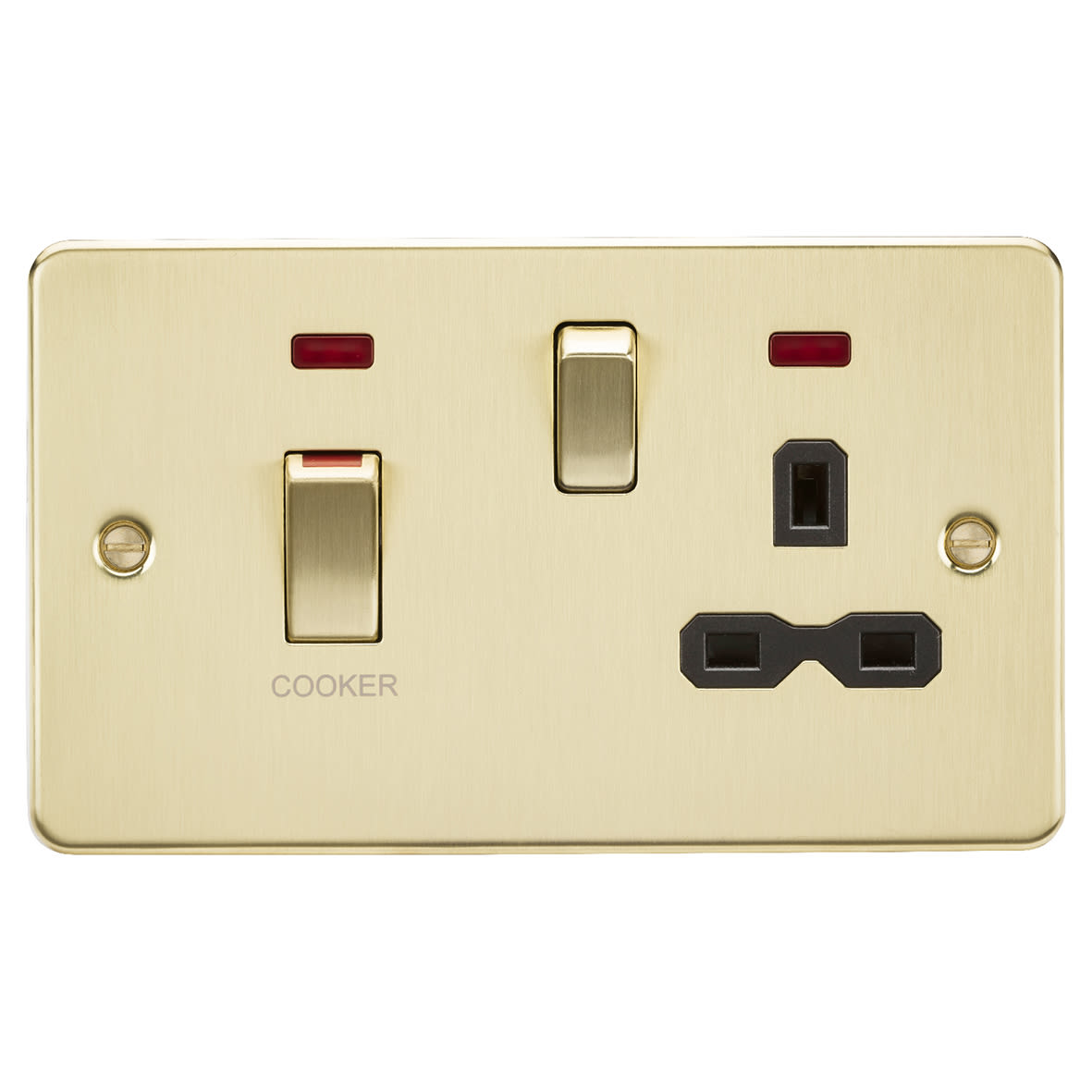 45A Flat Plate DP Cooker Switch & 13A Socket with Neons - Brushed Brass/ Black Insert