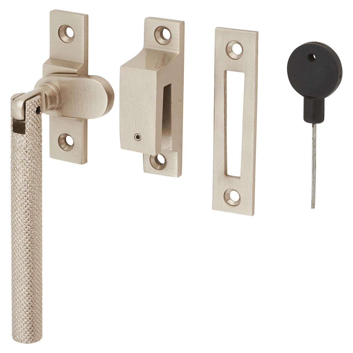 Willow Knurled Locking Mortice & Hook Plate Window Fastener - Reversible - Satin Nickel