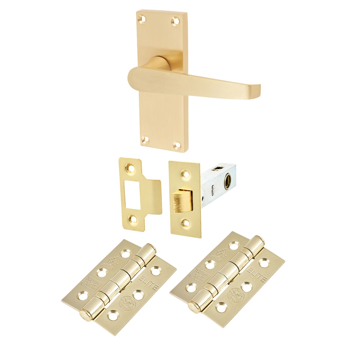 Satin Brass Budget Straight Latch Door Handles Pack - Short Plate