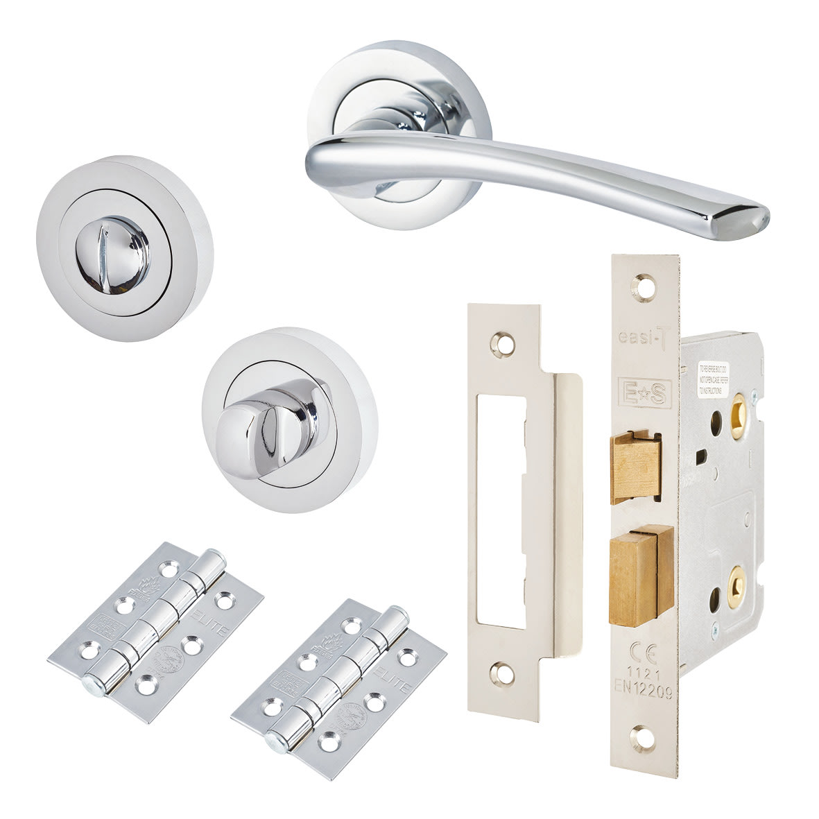 Polished Chrome Bathroom Lock Door Handles on Rose Pack - Rimini Range
