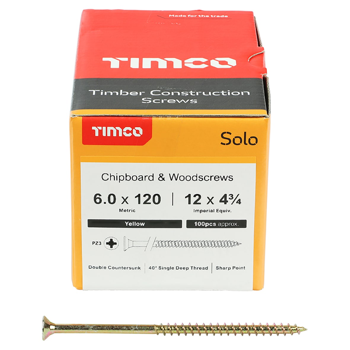 Solo Chippy Pozi Countersunk Wood Screws - 6.0 x 120mm - Yellow Zinc - Pack of 100