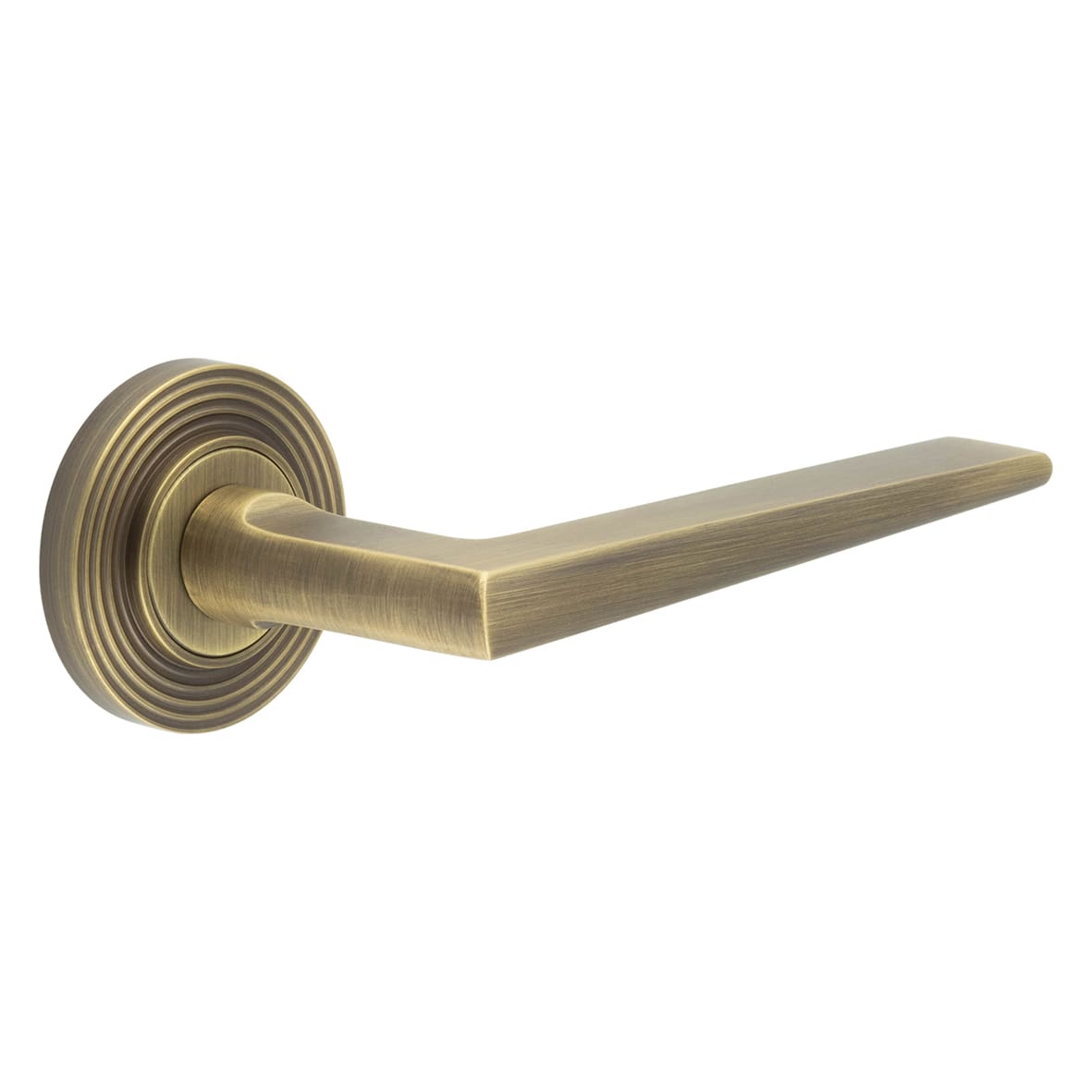 Antique Brass Fire Rated Door Handles on Round Reeded Rose - Mayfair Range
