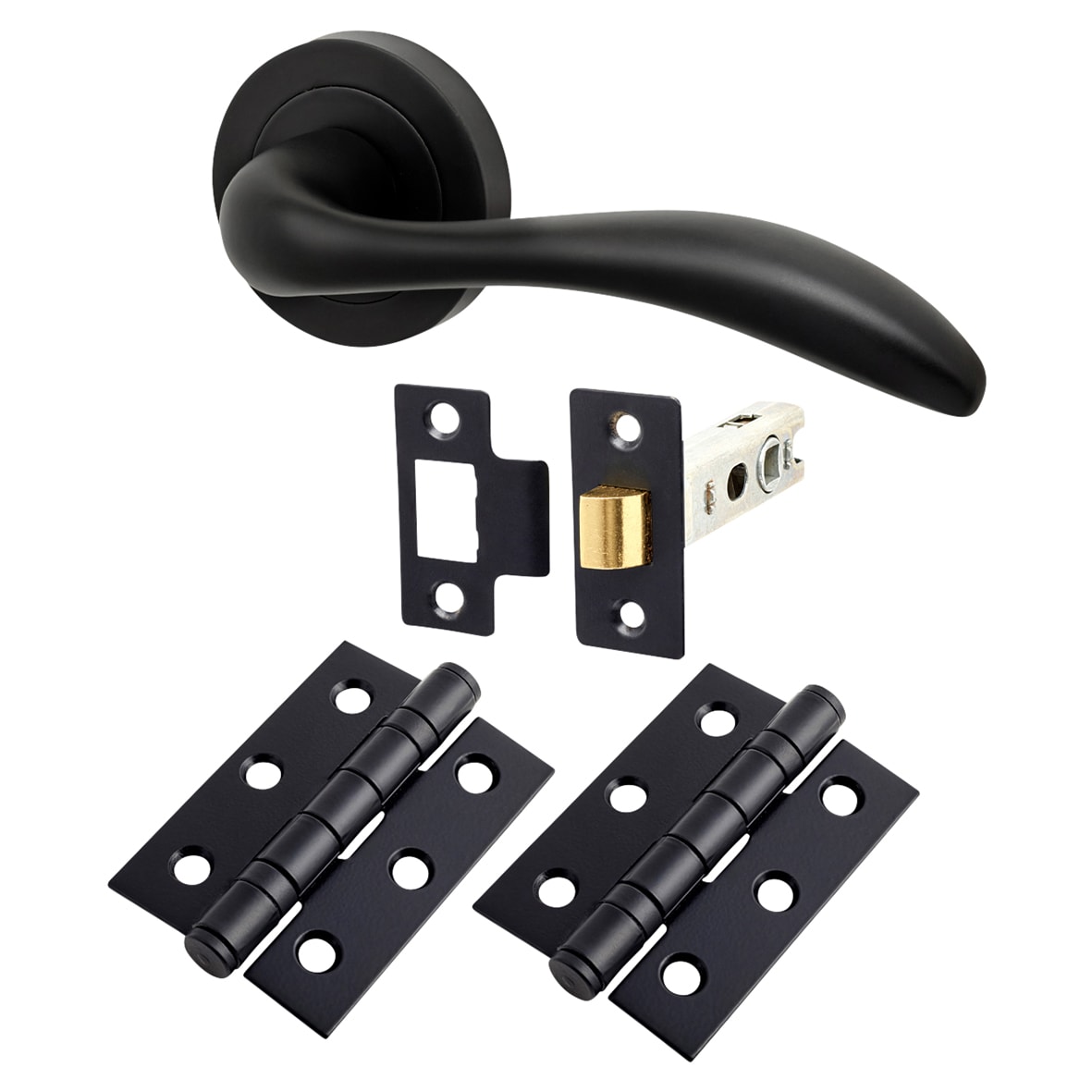 Matt Black Scroll Latch Door Handles on Rose Pack - Sussex Range