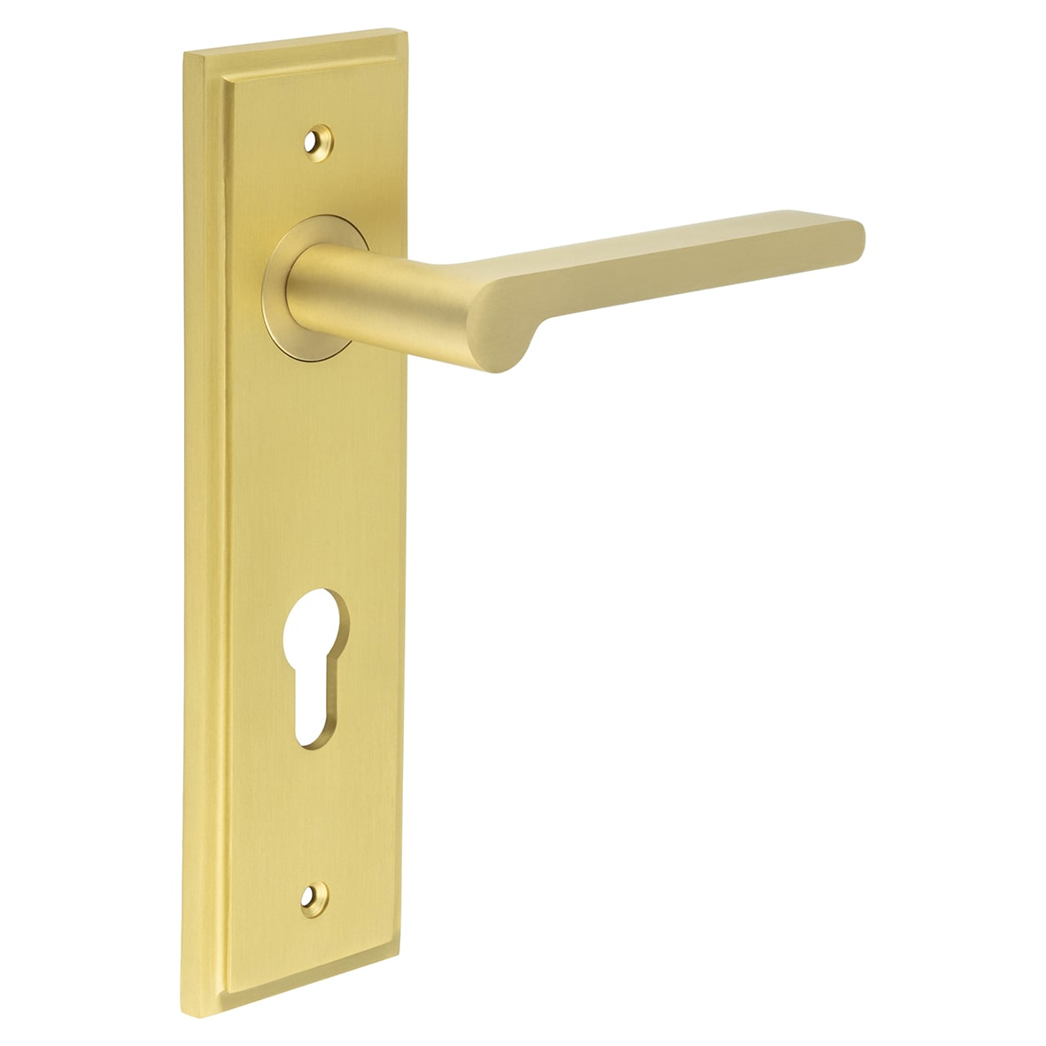 Satin Brass Fire Rated DIN Euro Lock Door Handles - Fitzrovia - 200 x 55mm