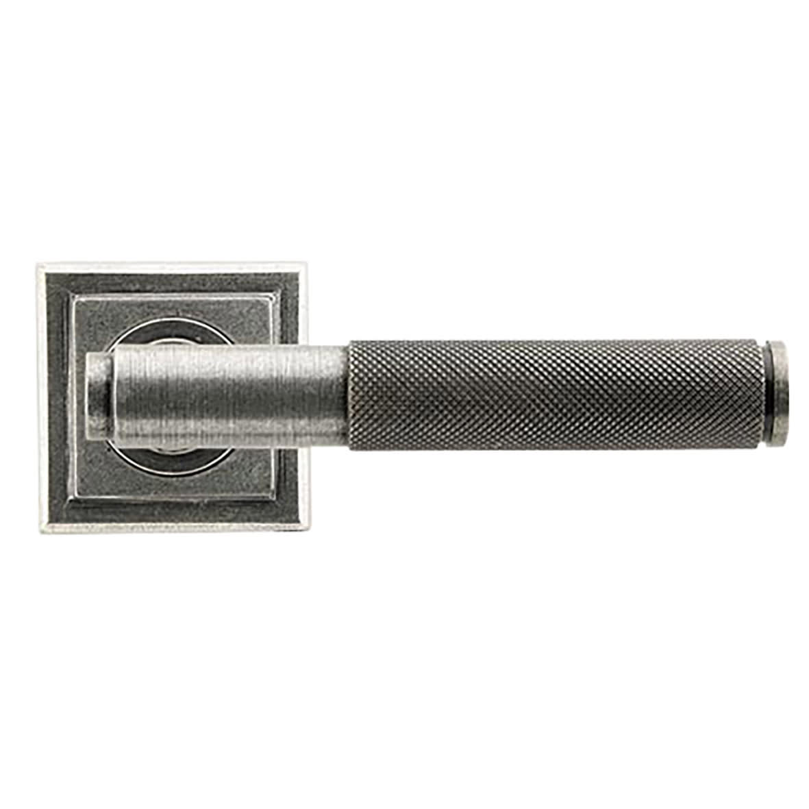 Pewter Knurled Door Handles on Square Rose - Brompton Range