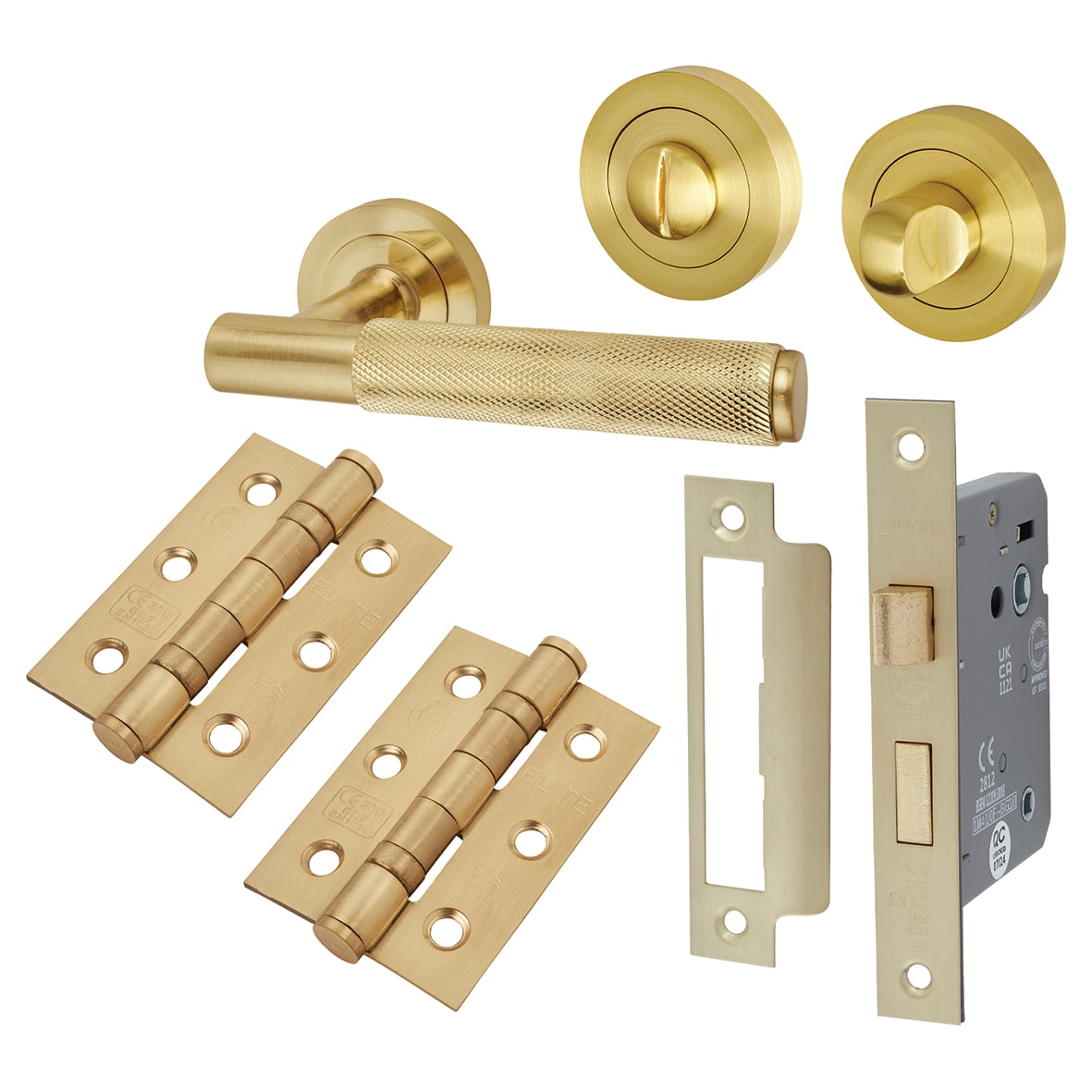 Satin Brass Knurled Bathroom Lock Door Handles Pack - Remi Range