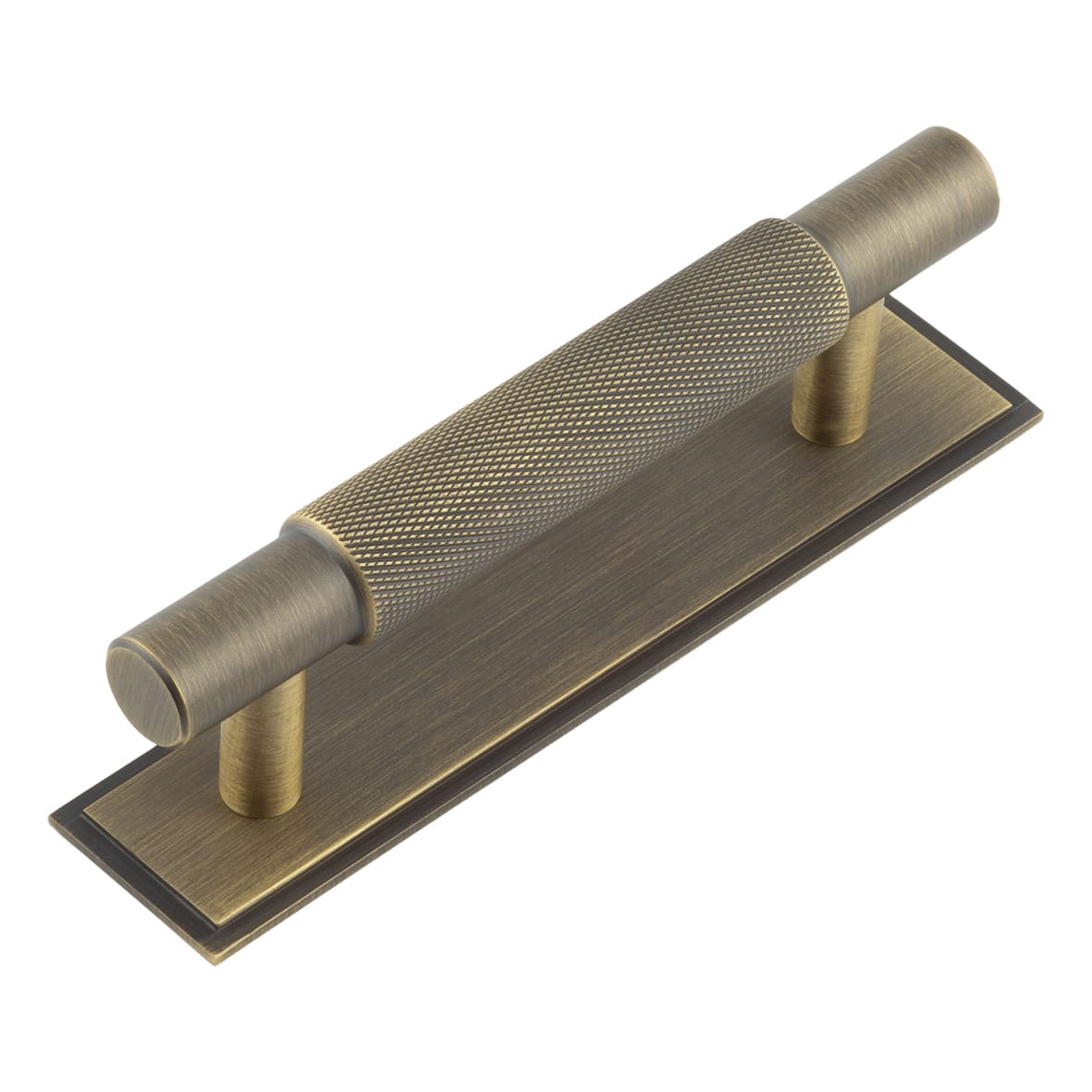 Taplow 18mm Knurled T-Bar Cabinet Pull Handle on Stepped Backplate - 96mm c/c - Antique Brass