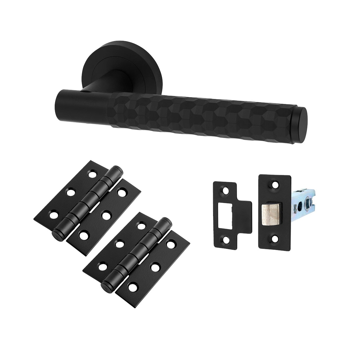 Matt Black Honeycomb Latch Door Handles on Rose Pack - Cara Range