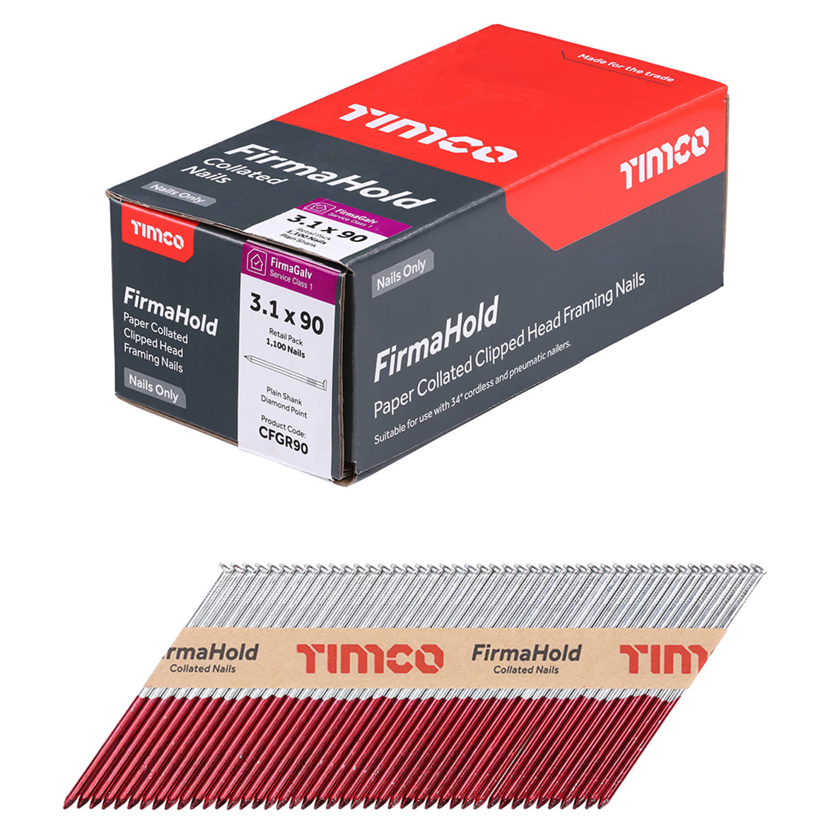 FirmaHold First Fix Nail - Plain - 34° Angled - 3.1 x 90mm - FirmaGalv - Pack of 1100