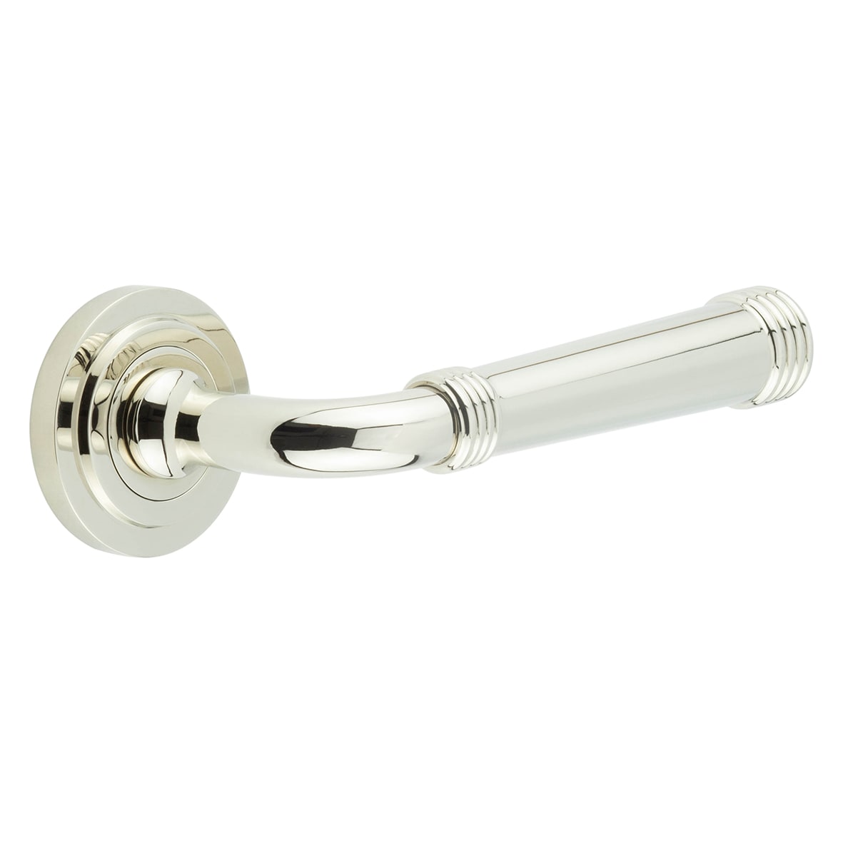 Polished Nickel Fire Rated Door Handles on Round Stepped Rose - Highgate Range