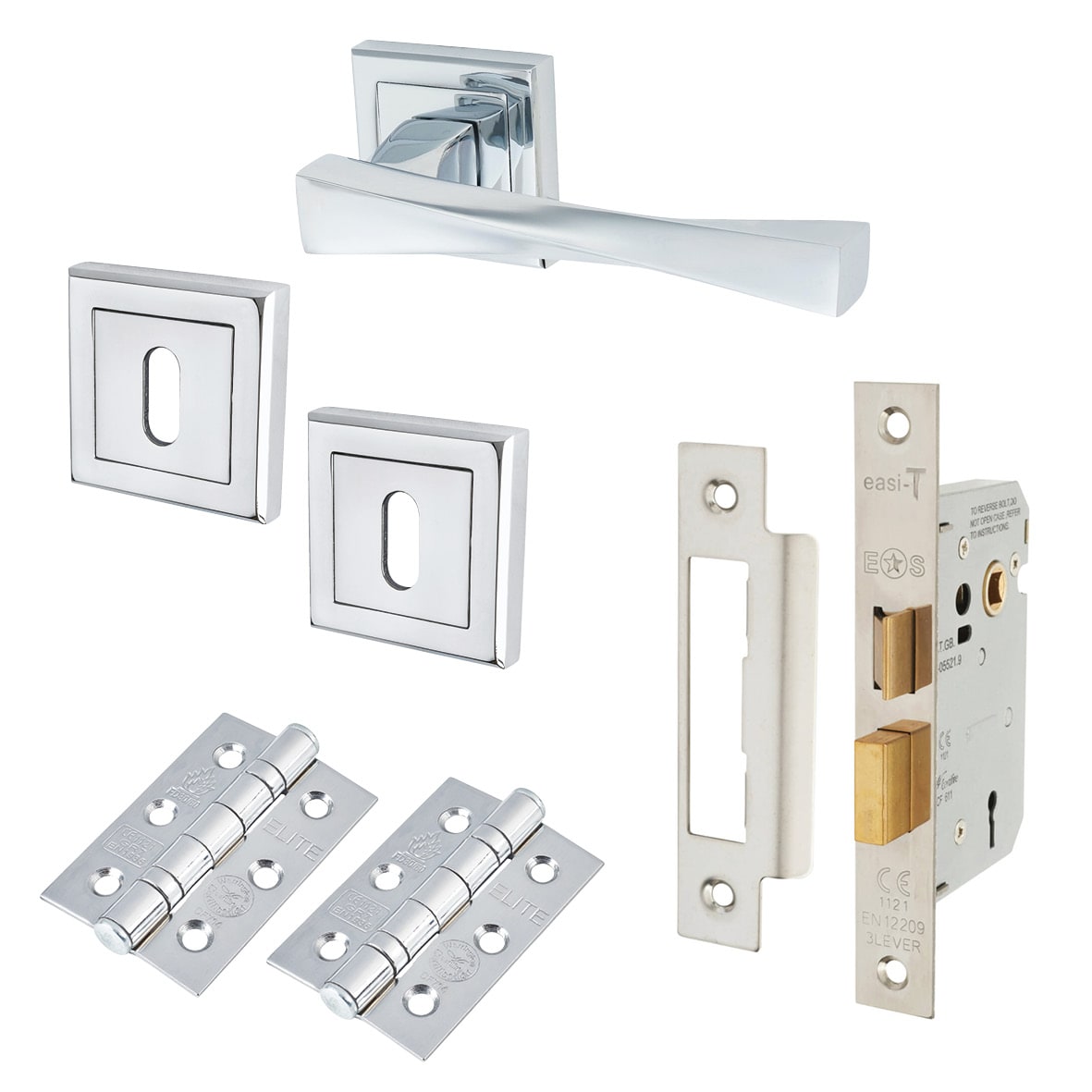 Polished Chrome 3 Lever Sashlock Door Handles on Square Rose Pack - Spirit Range