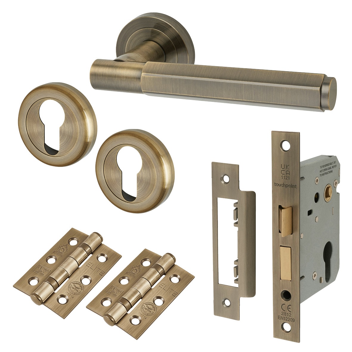 Antique Brass Hexagonal Euro Lock Door Handles on Rose Pack - Juno Range