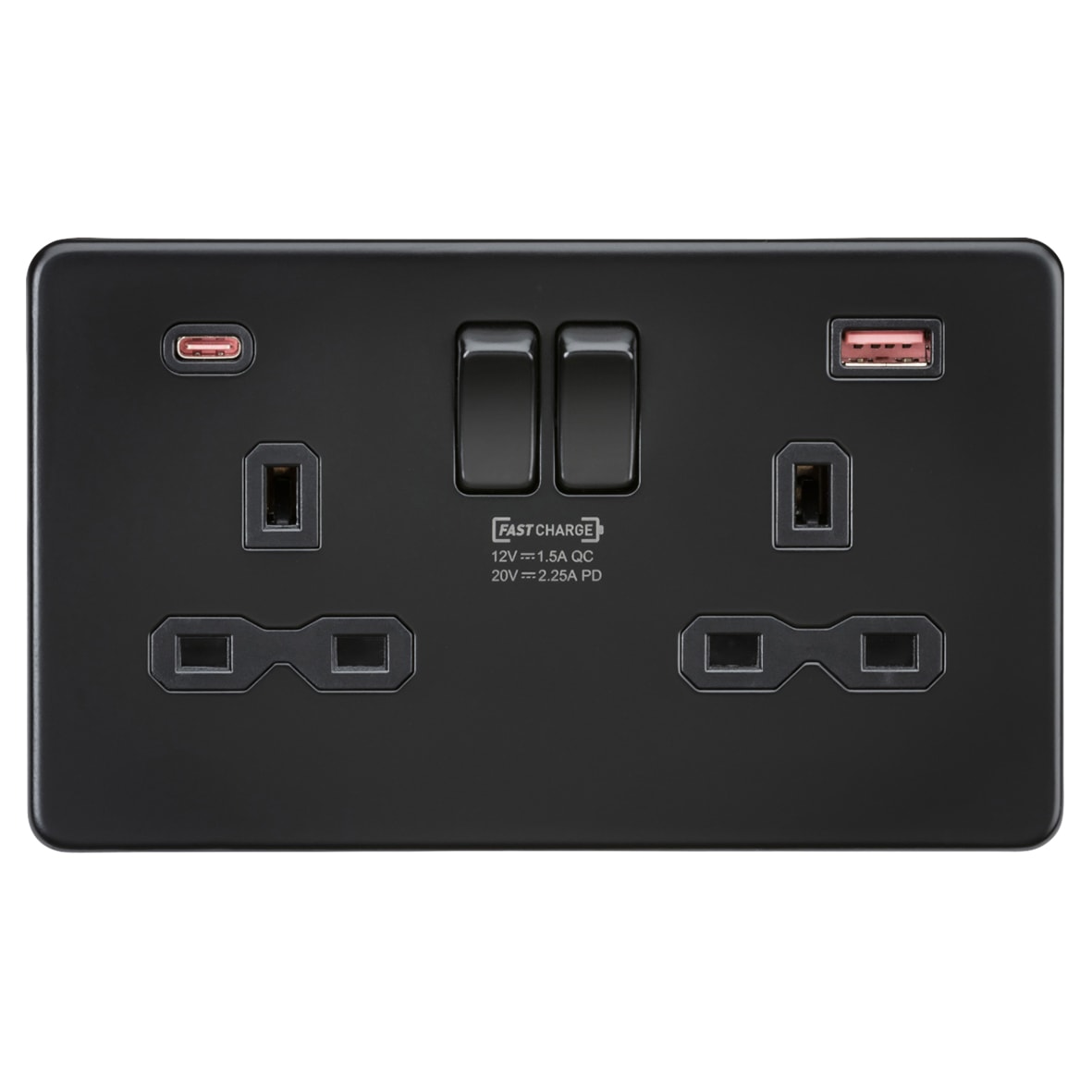13A 2 Gang Type A/QC18W Type C/PD45W USB Socket with 2 x USB - Matt Black/Black