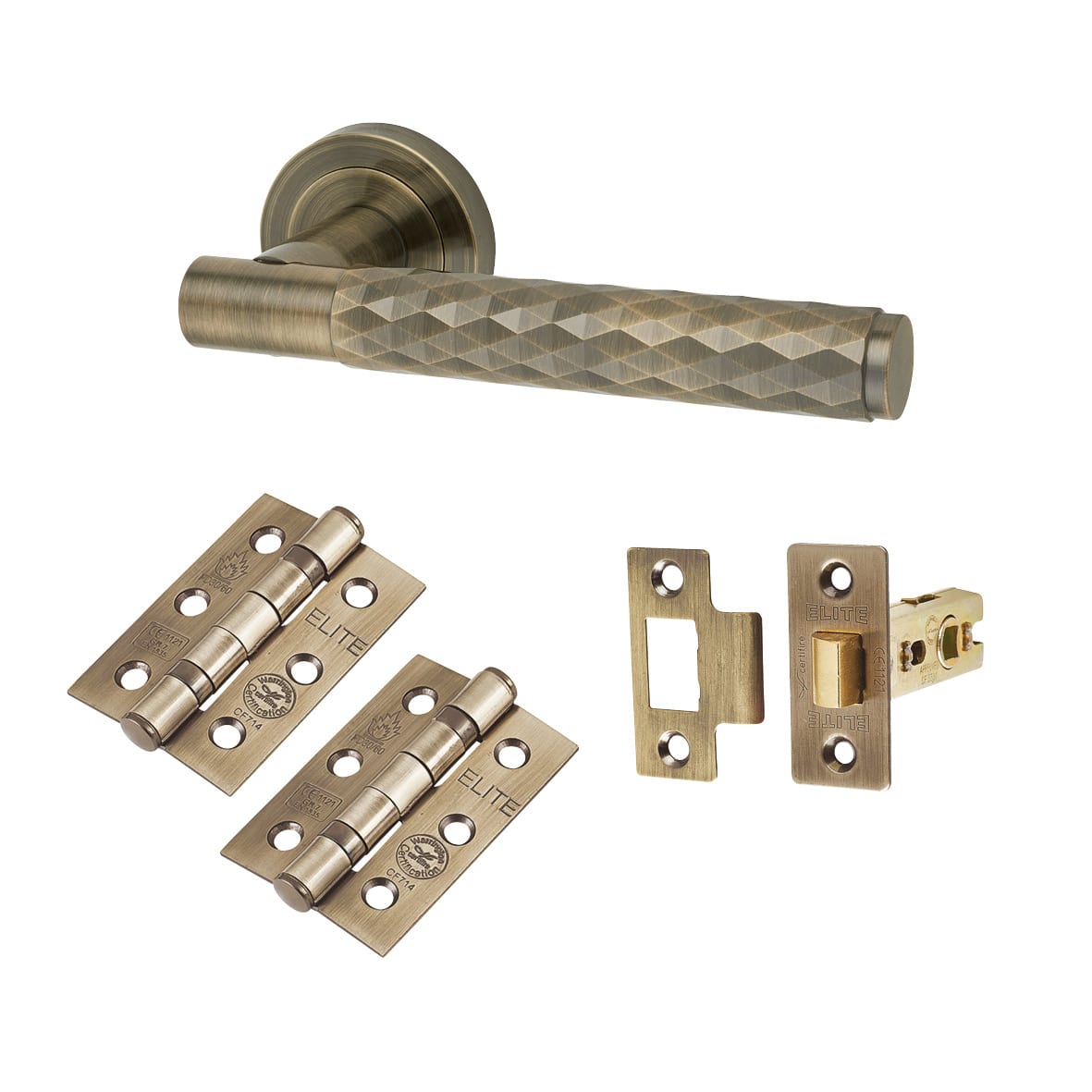 Antique Brass Diamond Latch Door Handles on Rose Pack - Luna Range