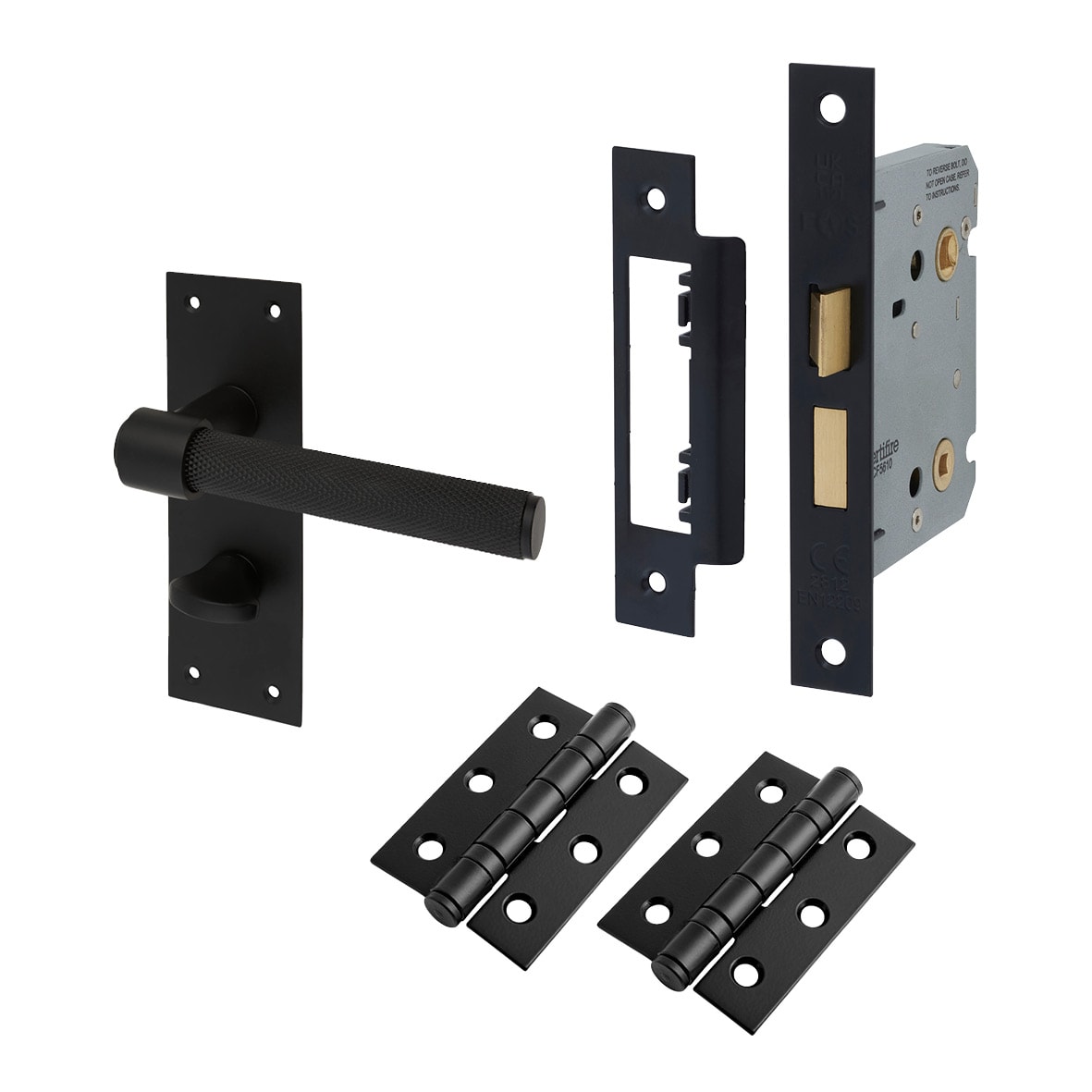 Matt Black Knurled Bathroom Lock Door Handles Pack - Loxley Range