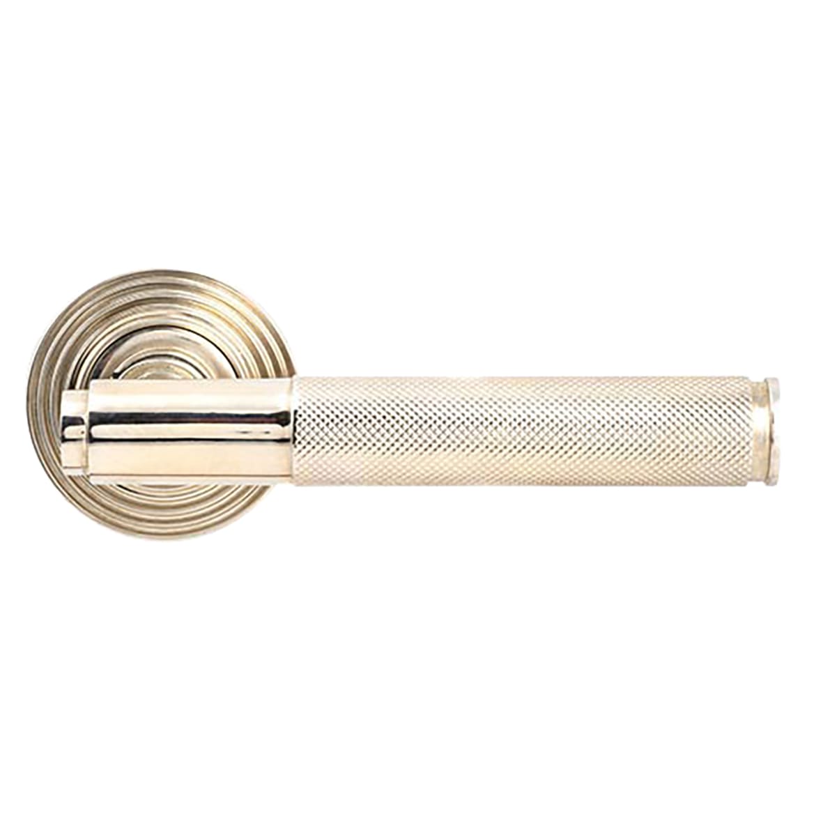 Polished Nickel Knurled Door Handles on Round Beehive Rose - Brompton Range