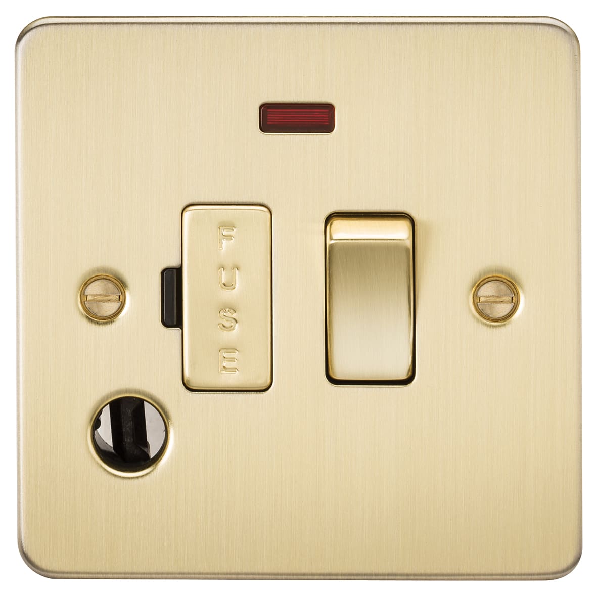 13A 1 Gang Flat Plate Switched Fused Spur with Neon & Flex Outlet - Brushed Brass