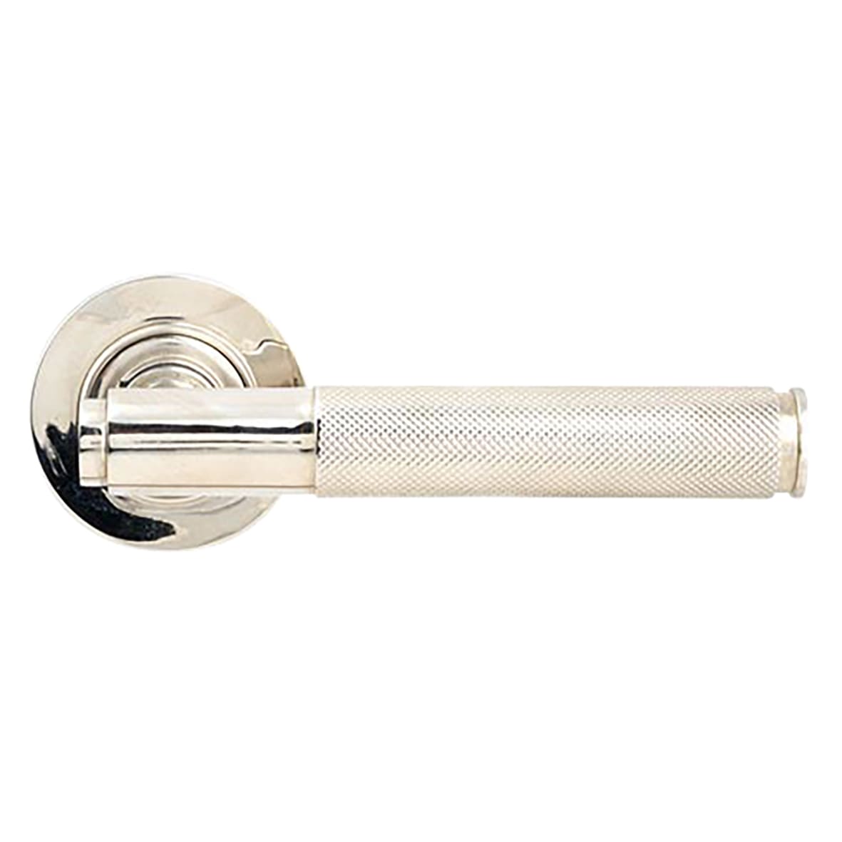 Polished Nickel Knurled Door Handles on Round Rose - Brompton Range