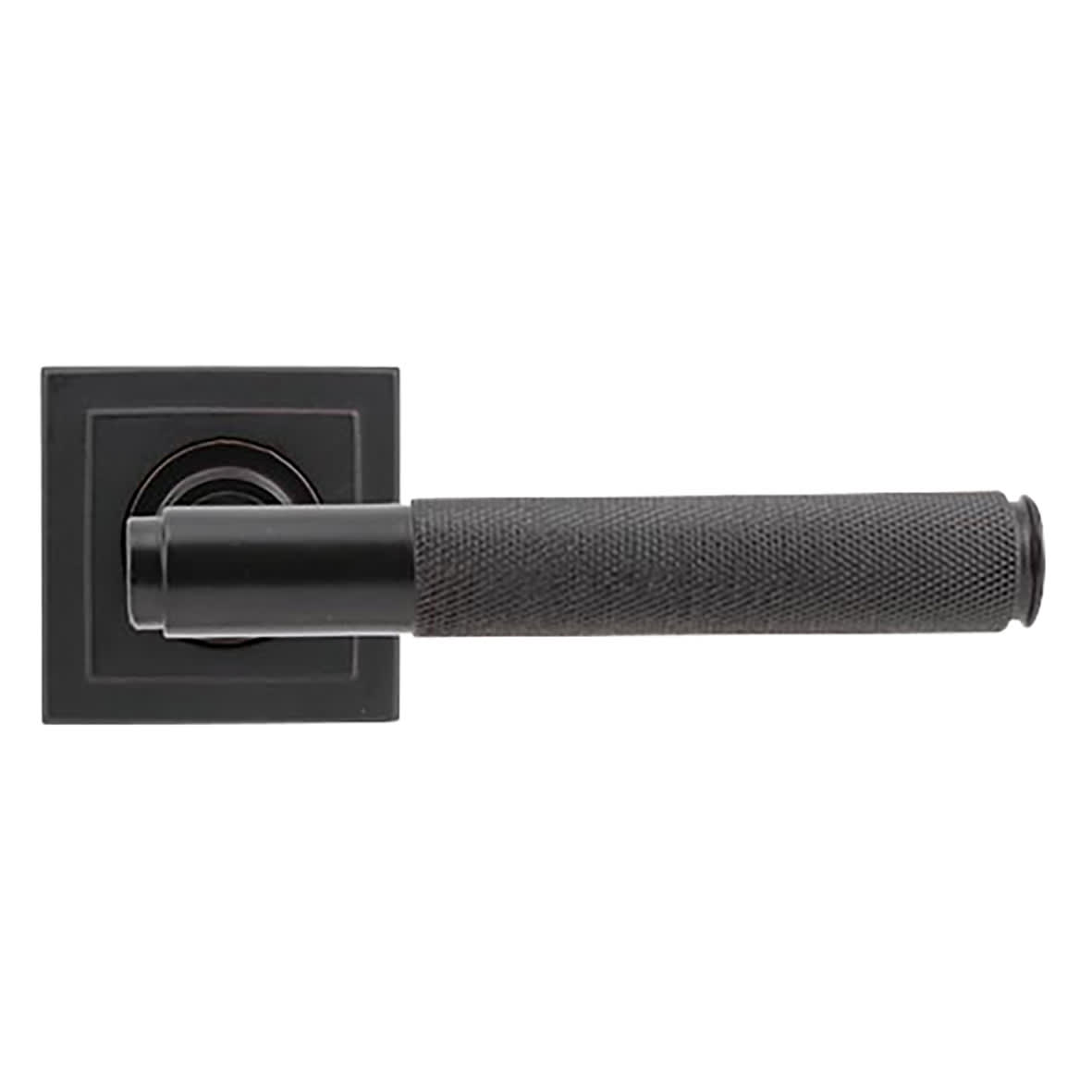 Aged Bronze Knurled Door Handles on Square Rose - Brompton Range