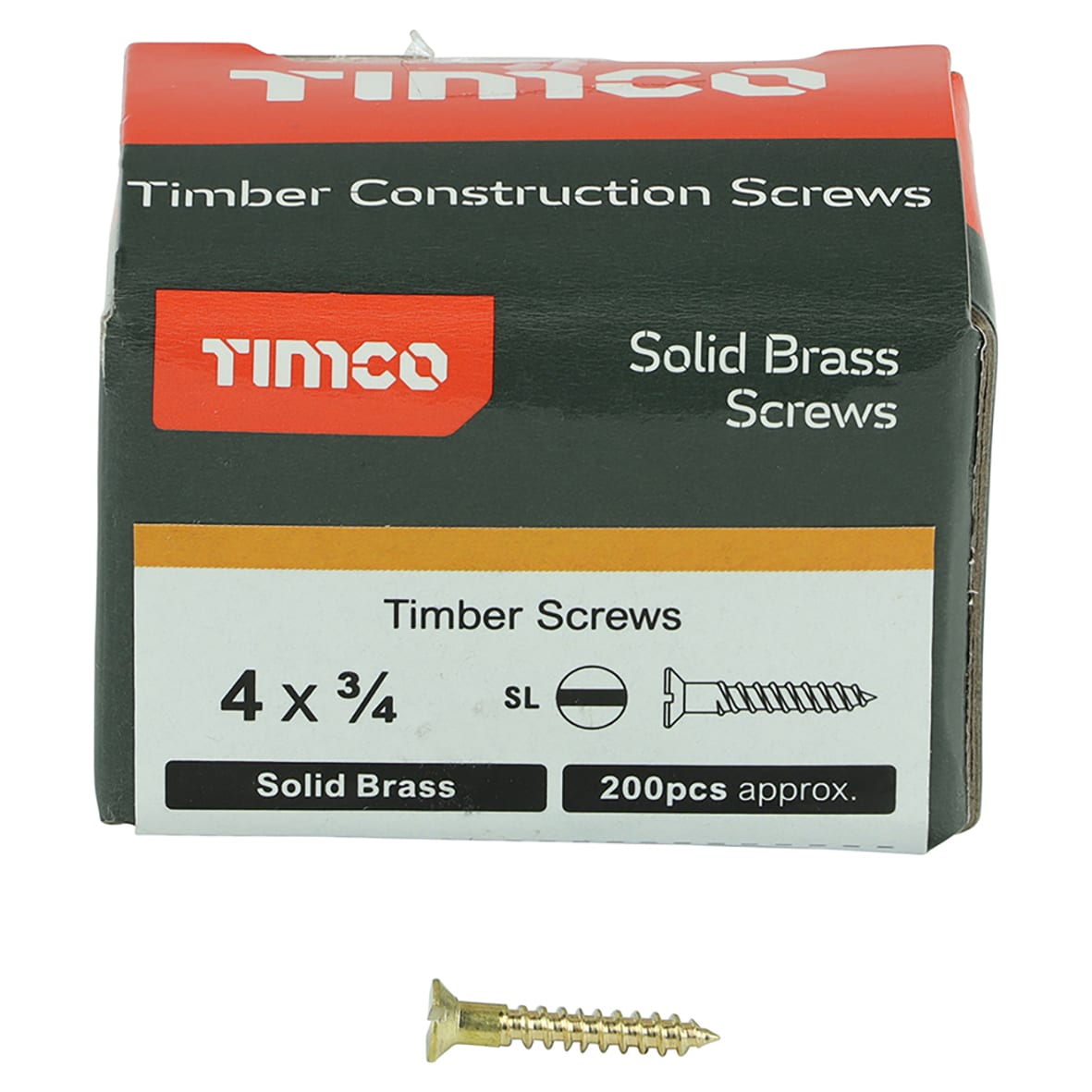 Slotted Countersunk Wood Screws - 4 x 3/4" - Solid Brass - Pack of 200