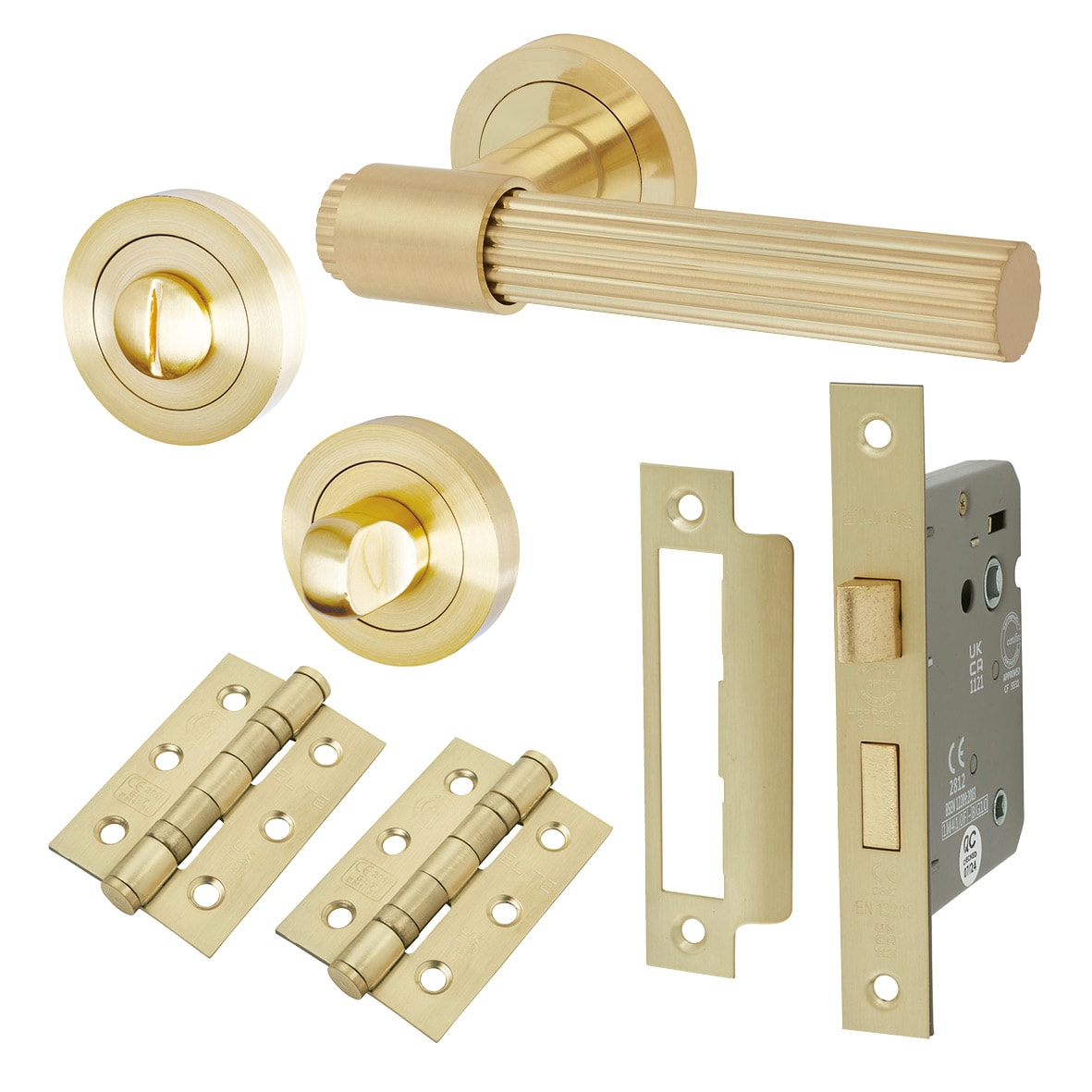 Satin Brass Lines Bathroom Lock Door Handles on Rose Pack - Eva Range