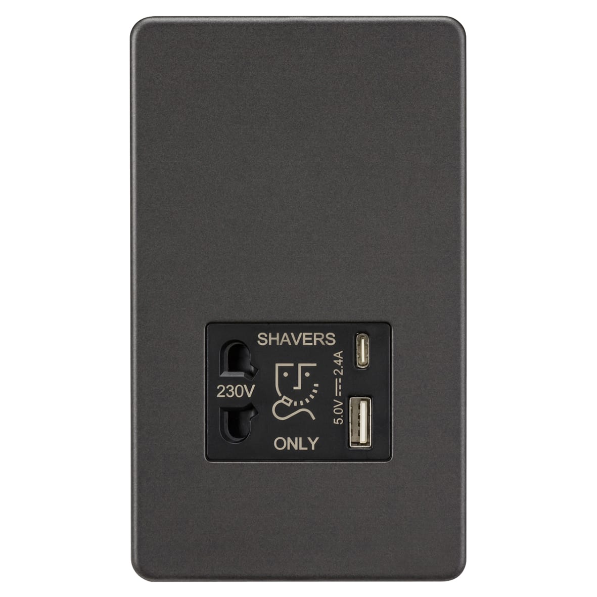 230V Shaver Socket with Type A/C USB Ports - 2.4A - Smoked Bronze with Black Insert