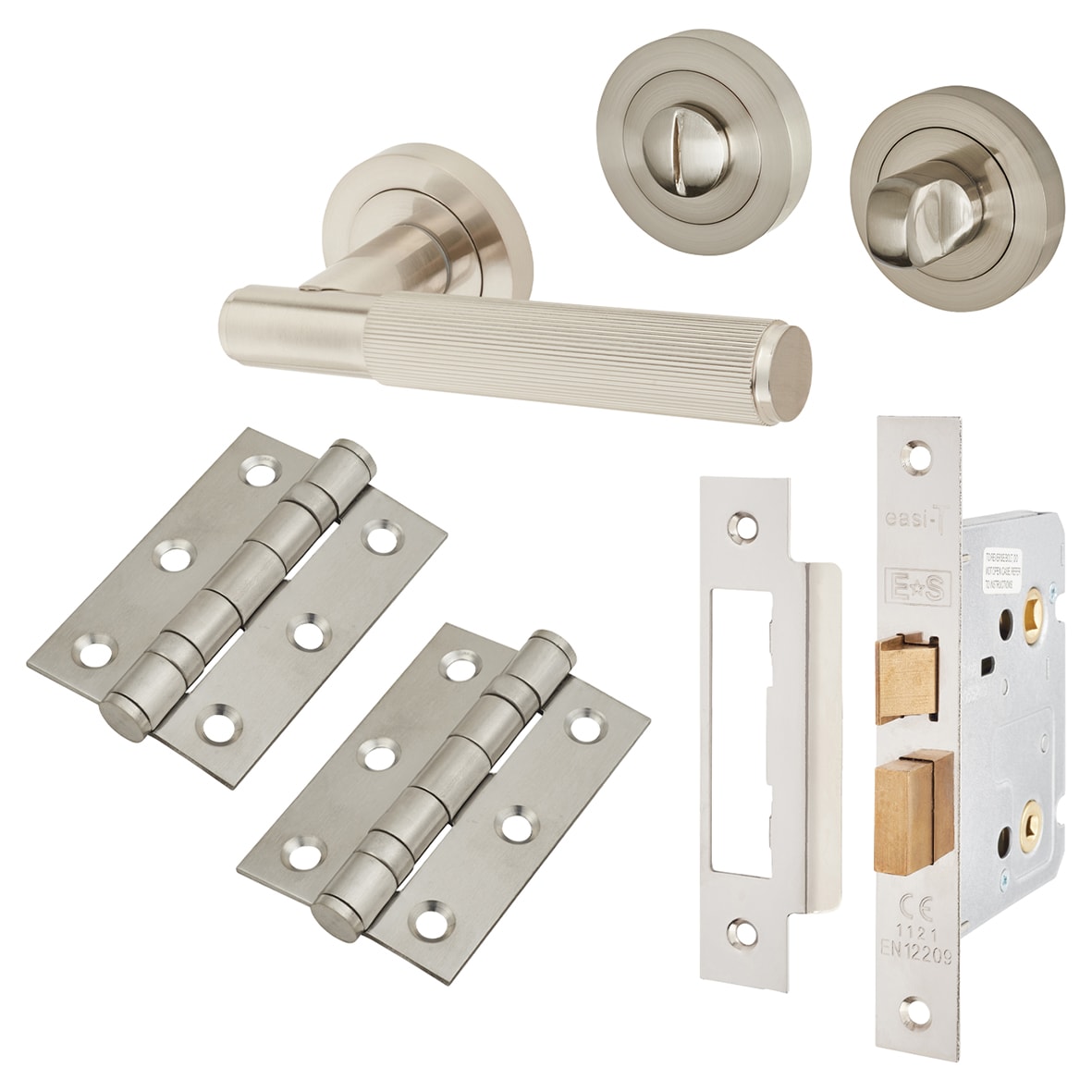 Satin Nickel Lines Bathroom Lock Door Handles Pack - Nova Range