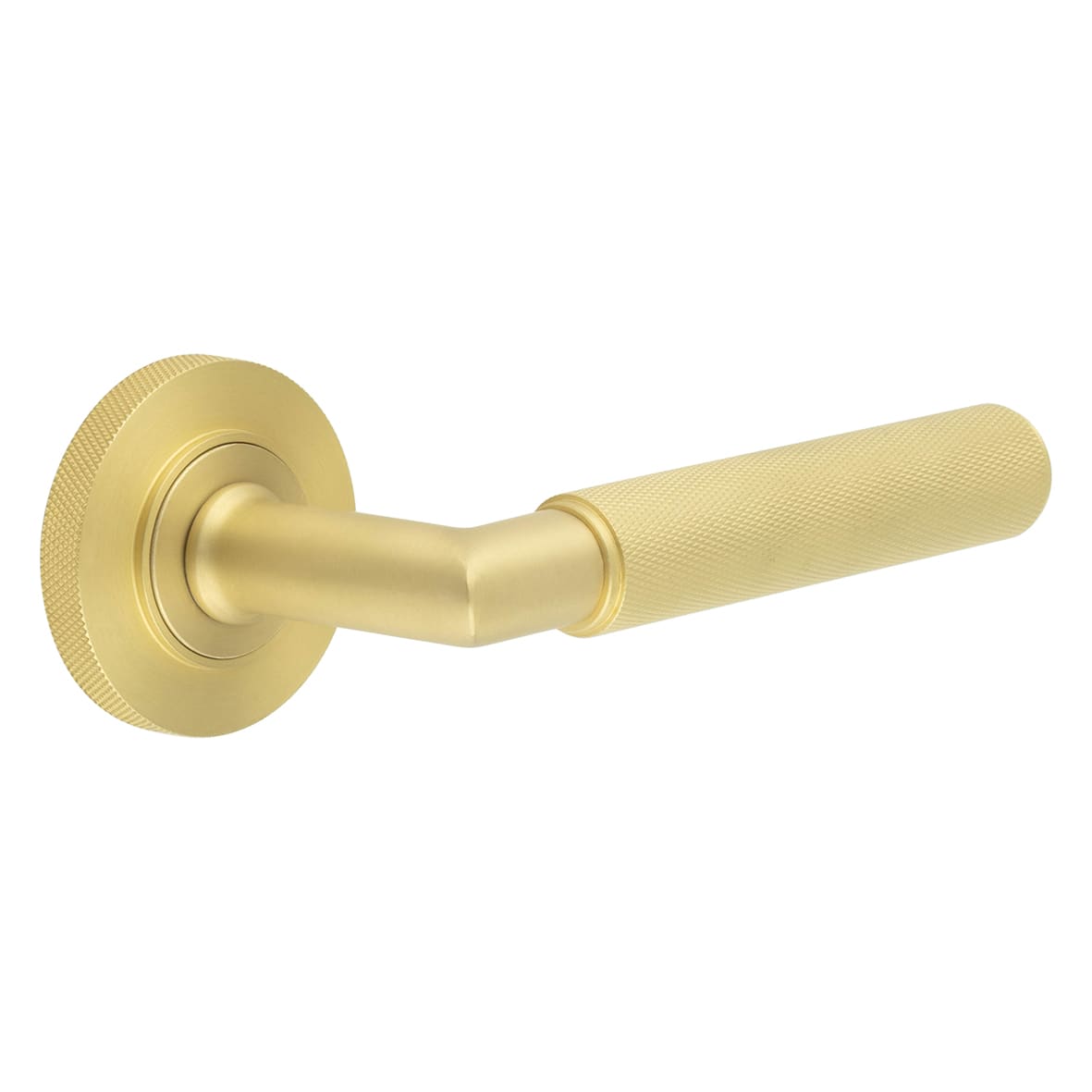 Satin Brass Knurled Fire Rated Door Handles on Round Knurled Rose - Piccadilly Range