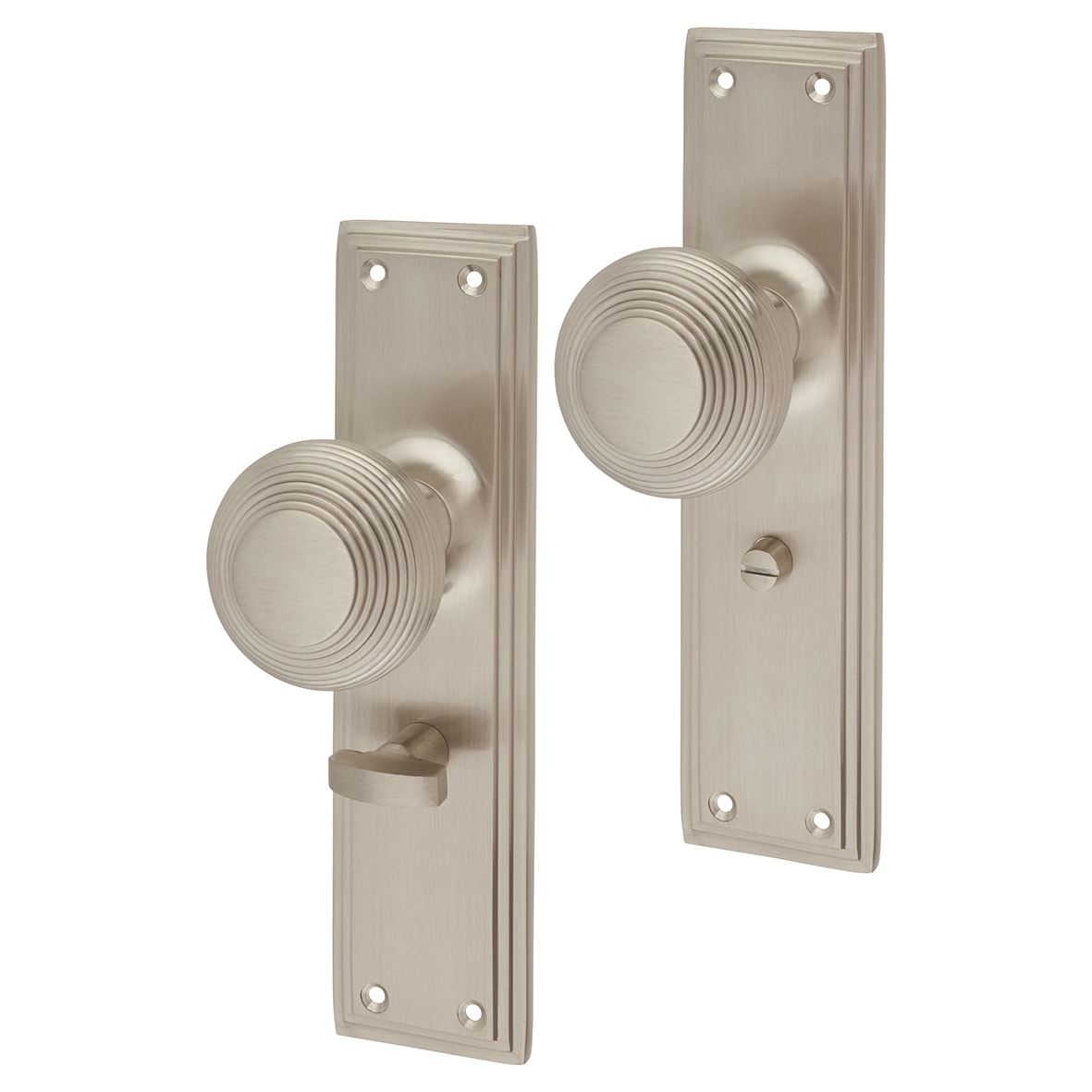 Satin Nickel Reeded Bathroom Mortice Door Knob on Backplate - 205 x 52mm - Miller Range