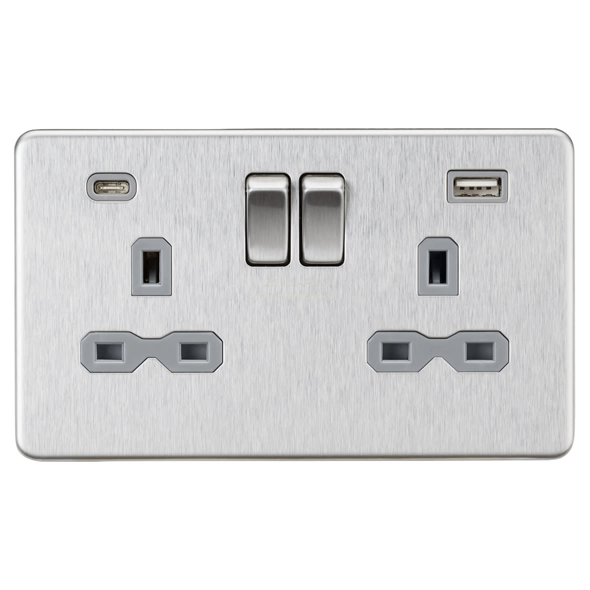 13A 2 Gang Screwless Type A/C USB Socket with 2 x USB - 4A - Brushed Chrome/Grey