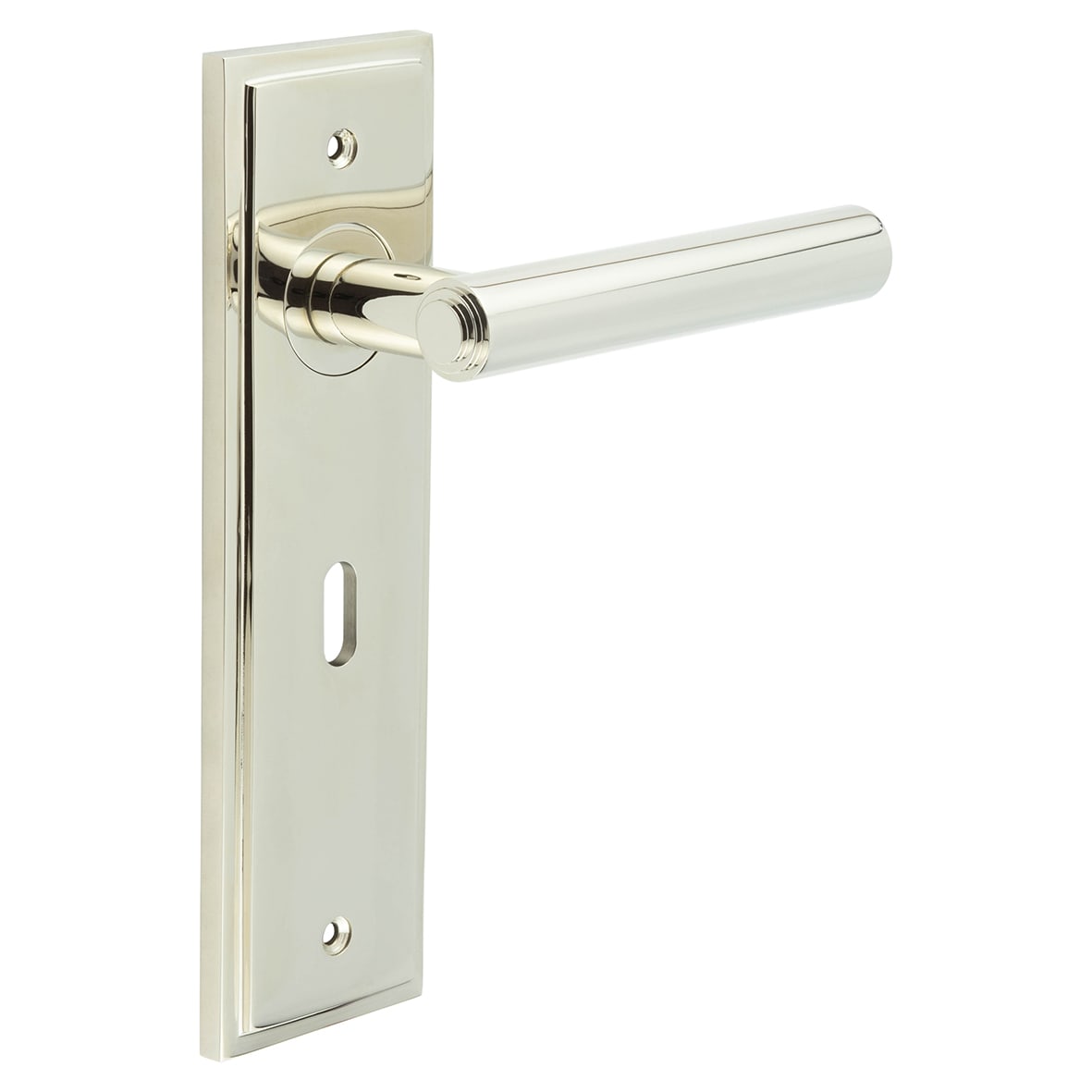 Polished Nickel Fire Rated Keyhole Lock Door Handles - Richmond - 200 x 55mm